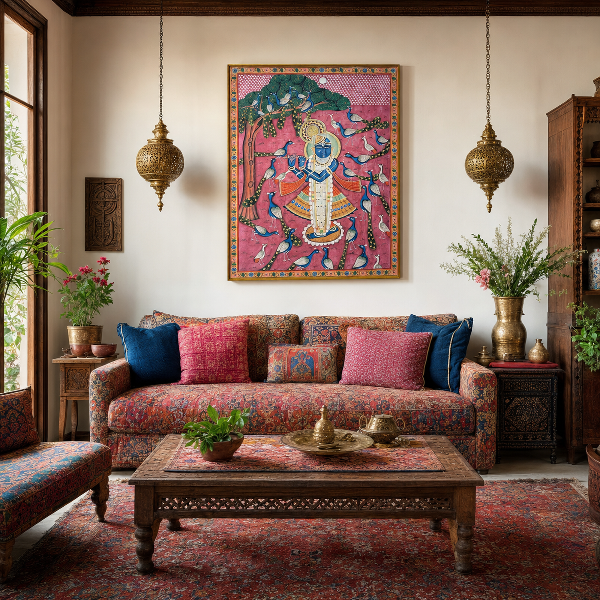Sri Nath Ji with Peacocks Art Print on Canvas – Brown Frame with Floral Border, 49 × 59.5 In [OBJ260055]