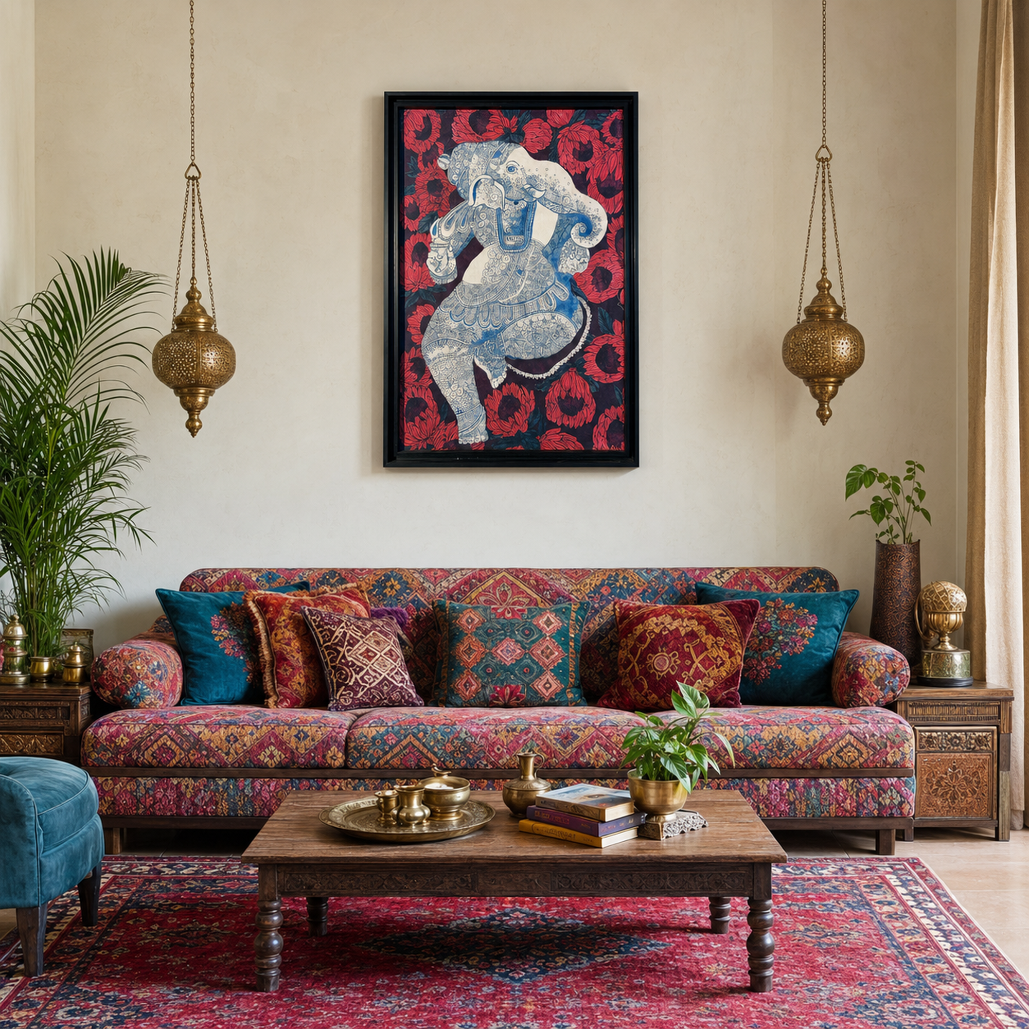 Royal Elephant Kalamkari Art Print on Canvas – Black Box Frame, 34.5 × 51 In [OBJ260058]