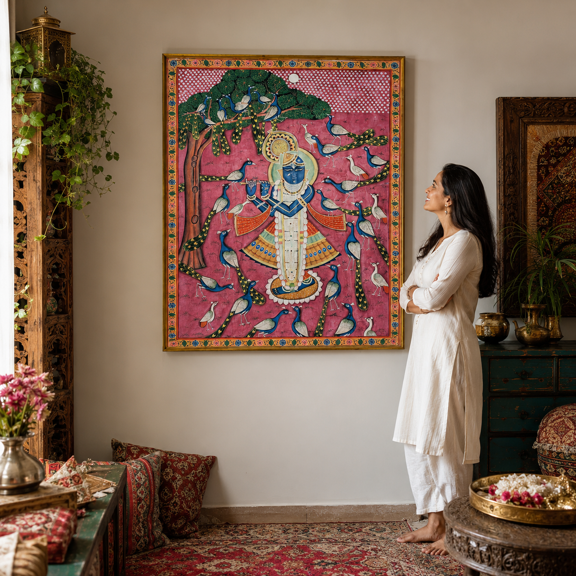 Sri Nath Ji with Peacocks Art Print on Canvas – Brown Frame with Floral Border, 49 × 59.5 In [OBJ260055]