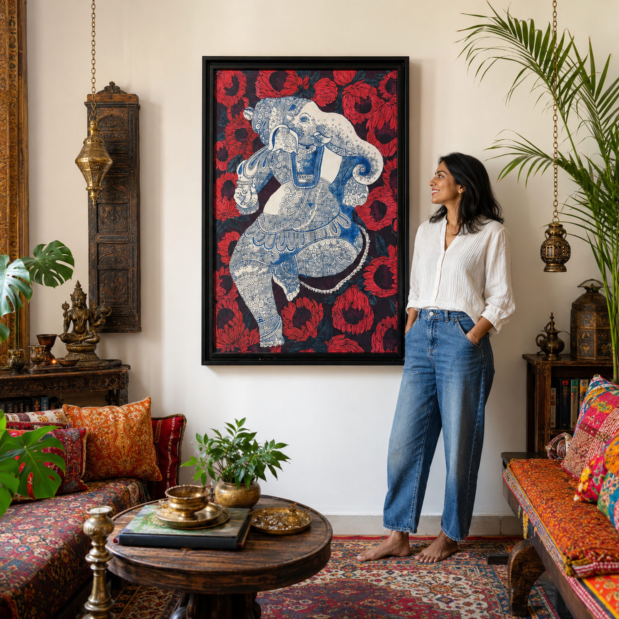 Royal Elephant Kalamkari Art Print on Canvas – Black Box Frame, 34.5 × 51 In [OBJ260058]
