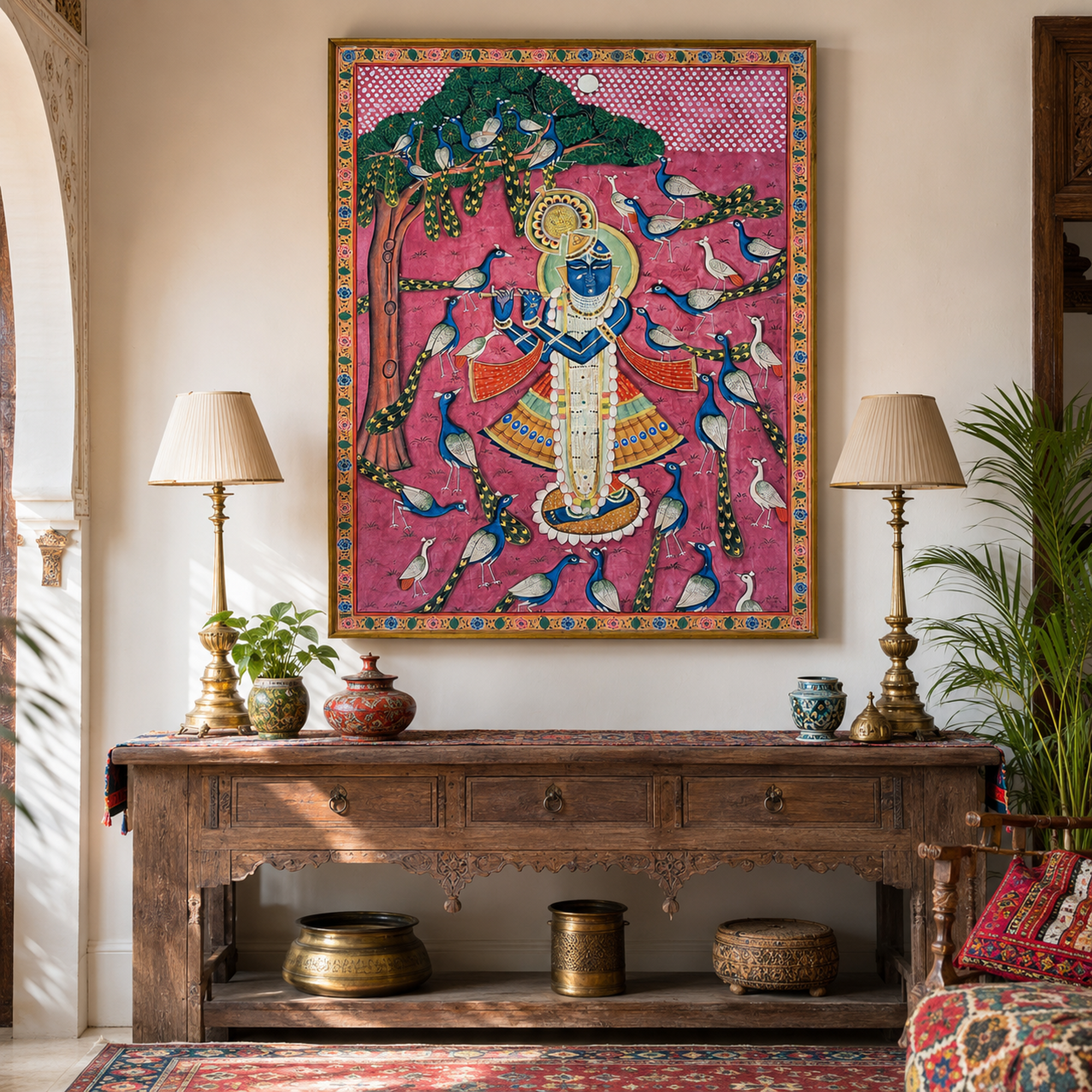 Sri Nath Ji with Peacocks Art Print on Canvas – Brown Frame with Floral Border, 49 × 59.5 In [OBJ260055]