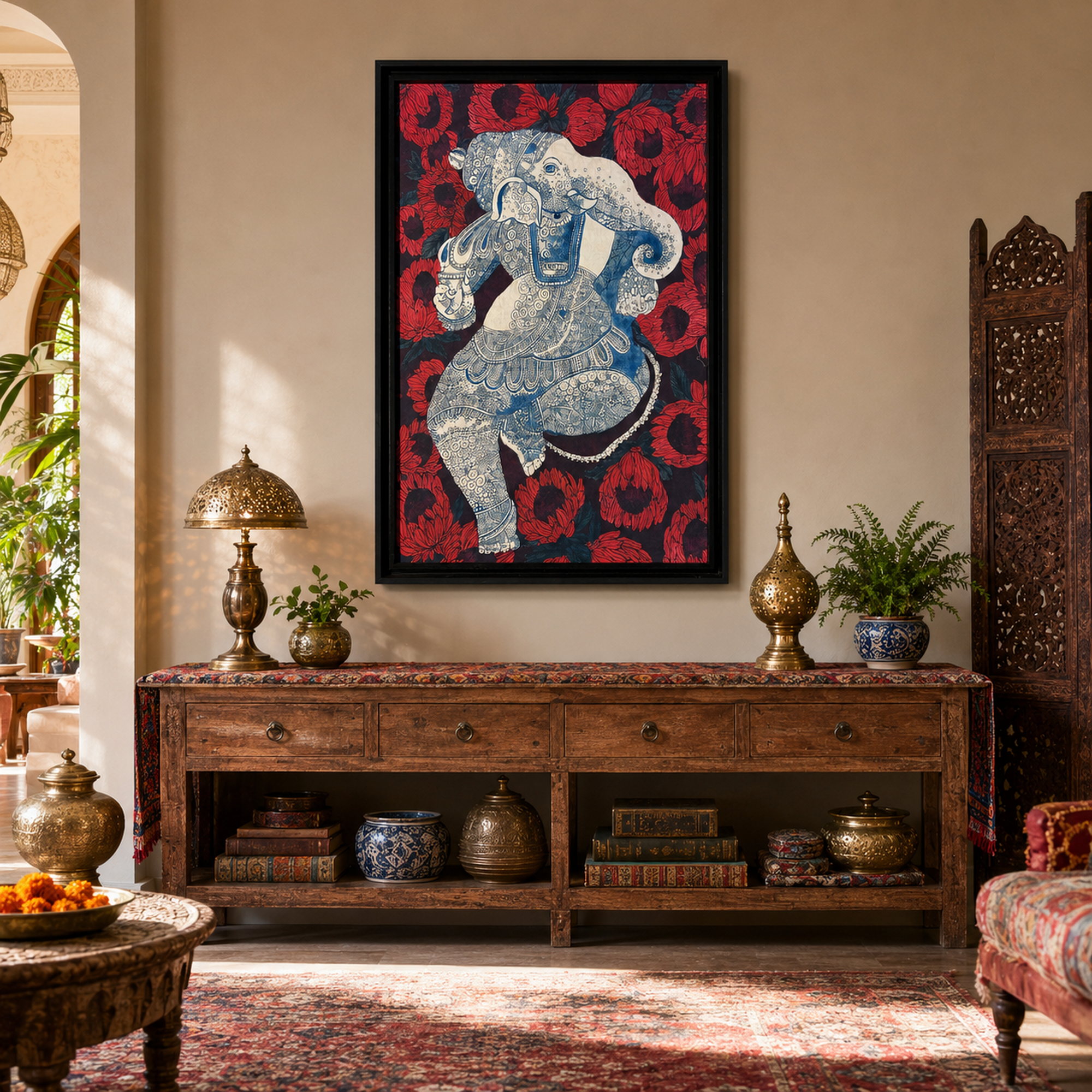 Royal Elephant Kalamkari Art Print on Canvas – Black Box Frame, 34.5 × 51 In [OBJ260058]