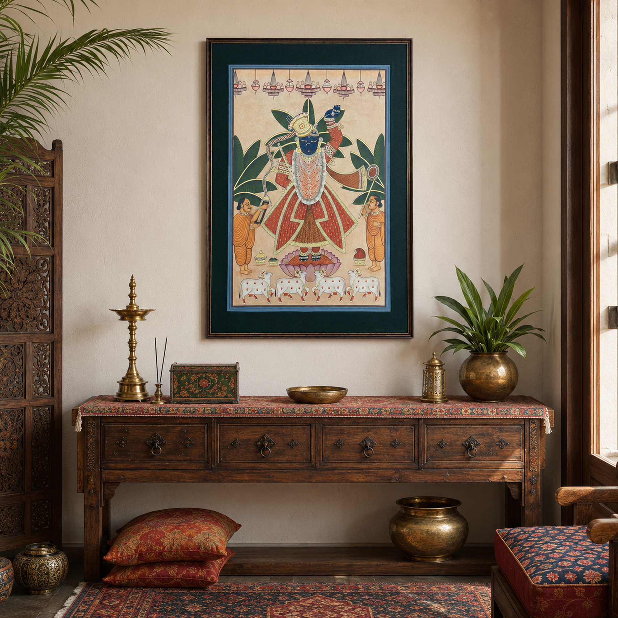 Sri Nath Ji Pichwai Art Print on Canvas – Black Frame with Green Mount, 39 × 57 In [OBJ260054]