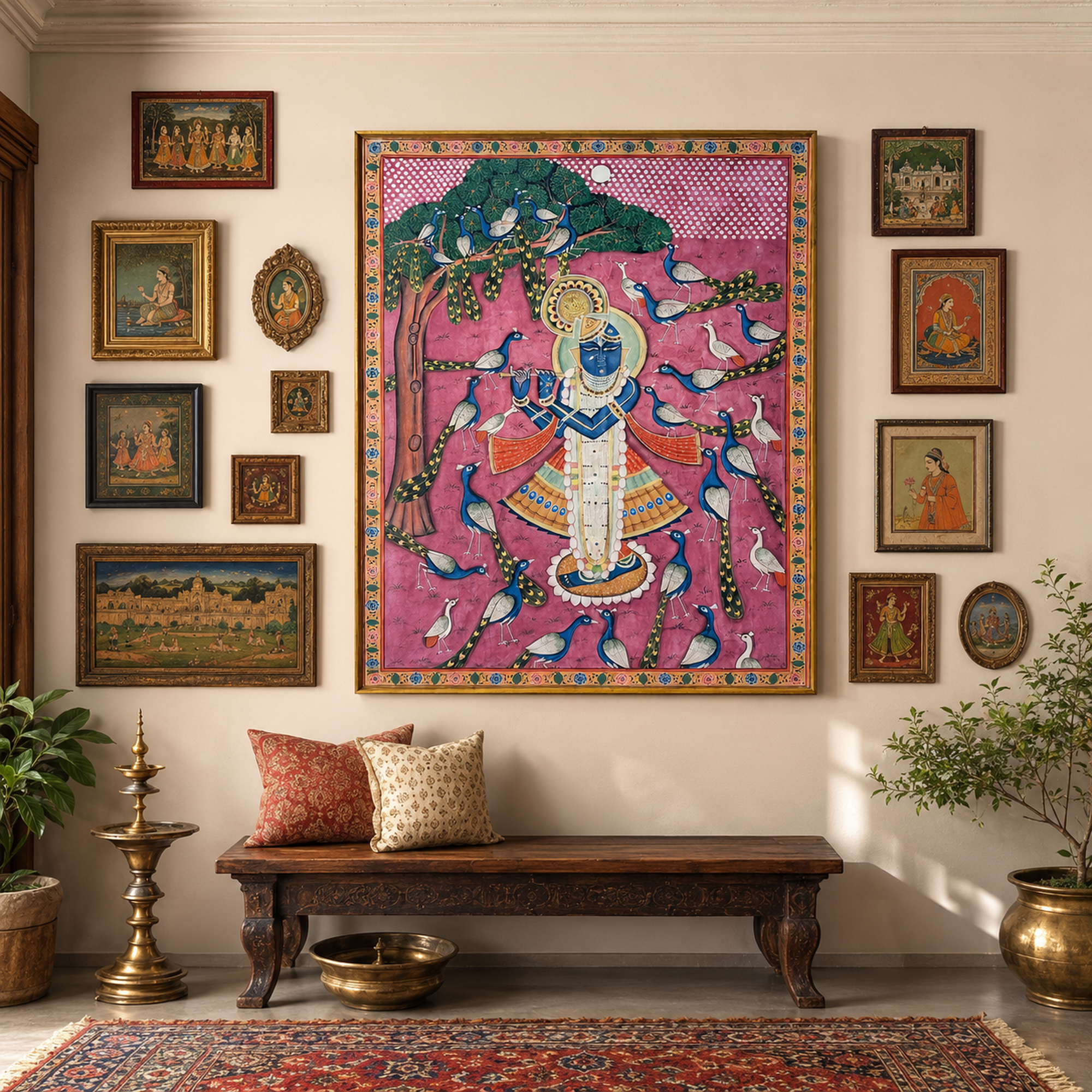 Sri Nath Ji with Peacocks Art Print on Canvas – Brown Frame with Floral Border, 49 × 59.5 In [OBJ260055]