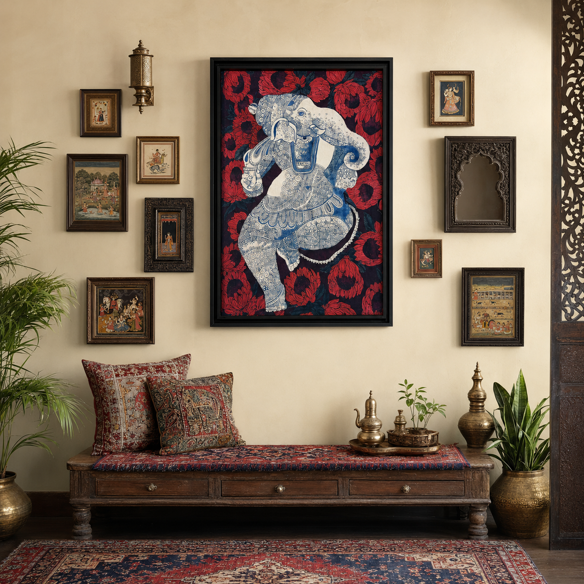 Royal Elephant Kalamkari Art Print on Canvas – Black Box Frame, 34.5 × 51 In [OBJ260058]