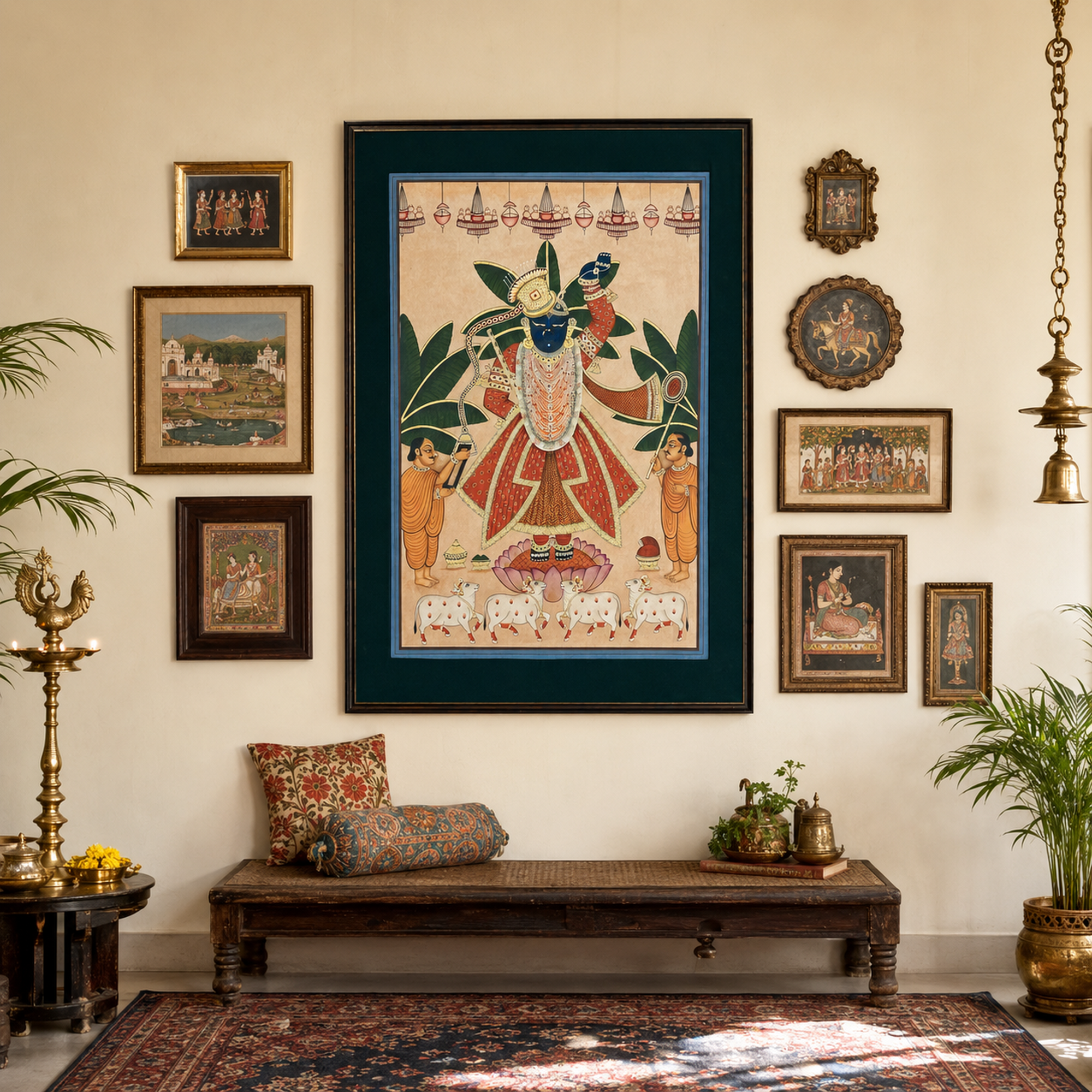 Sri Nath Ji Pichwai Art Print on Canvas – Black Frame with Green Mount, 39 × 57 In [OBJ260054]