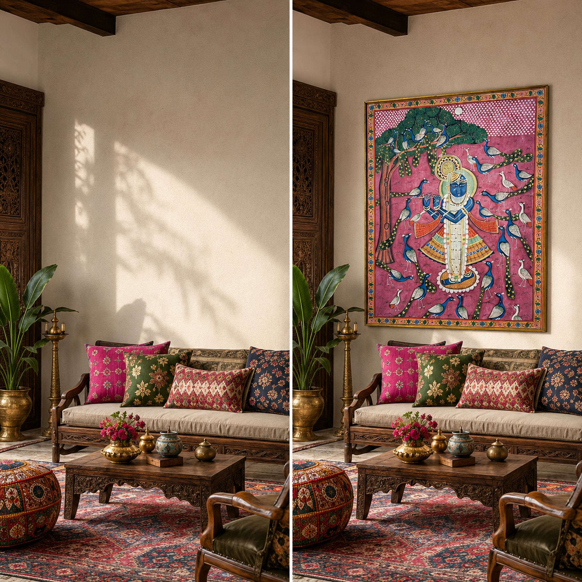 Sri Nath Ji with Peacocks Art Print on Canvas – Brown Frame with Floral Border, 49 × 59.5 In [OBJ260055]