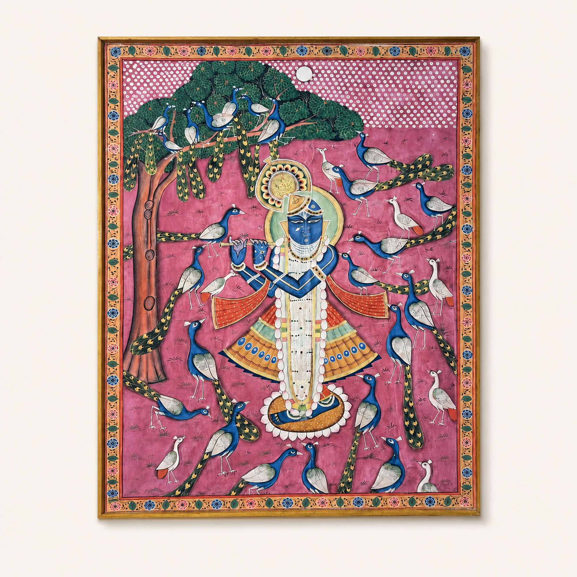 Sri Nath Ji with Peacocks Art Print on Canvas – Brown Frame with Floral Border, 49 × 59.5 In [OBJ260055]