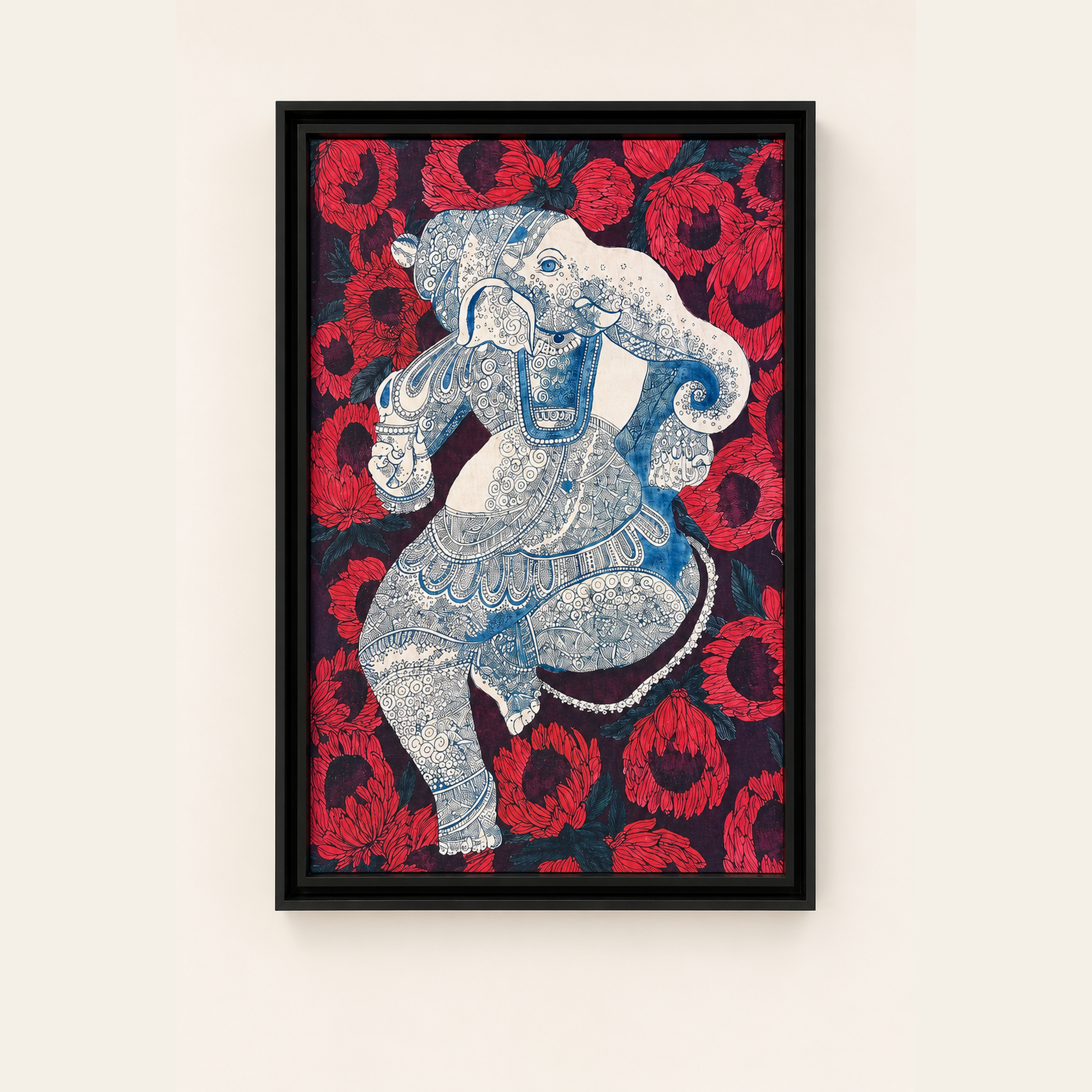 Royal Elephant Kalamkari Art Print on Canvas – Black Box Frame, 34.5 × 51 In [OBJ260058]
