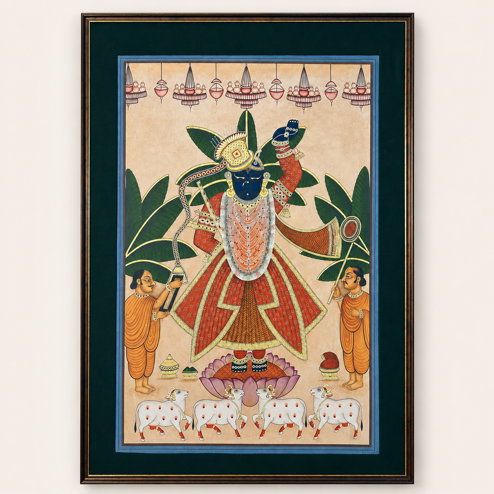 Sri Nath Ji Pichwai Art Print on Canvas – Black Frame with Green Mount, 39 × 57 In [OBJ260054]