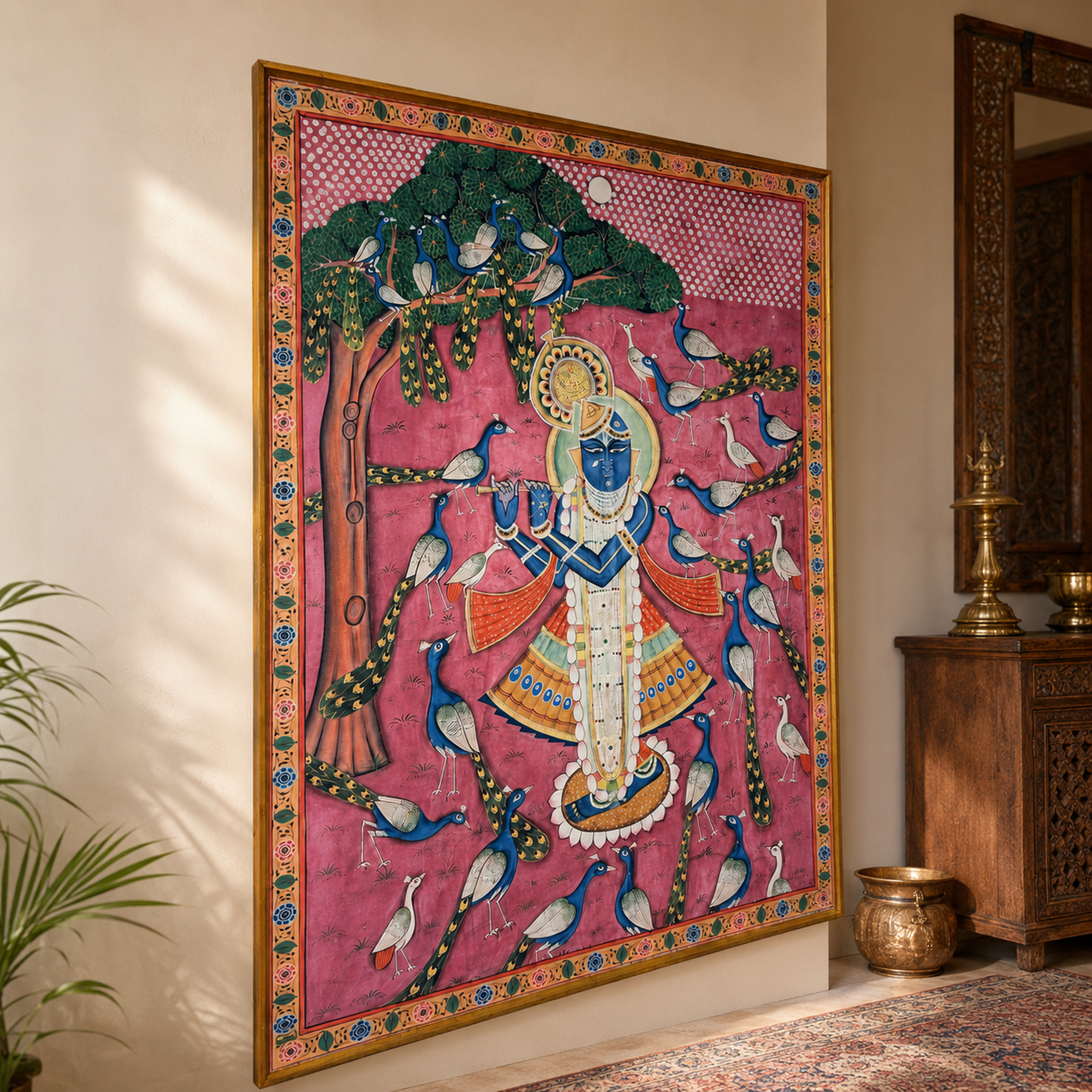 Sri Nath Ji with Peacocks Art Print on Canvas – Brown Frame with Floral Border, 49 × 59.5 In [OBJ260055]