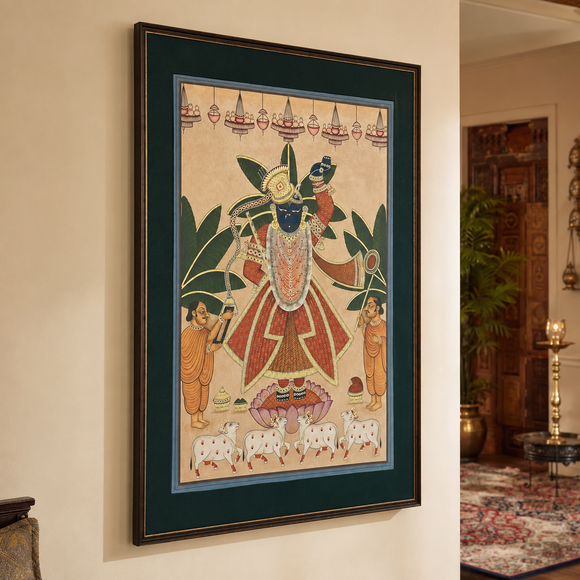 Sri Nath Ji Pichwai Art Print on Canvas – Black Frame with Green Mount, 39 × 57 In [OBJ260054]