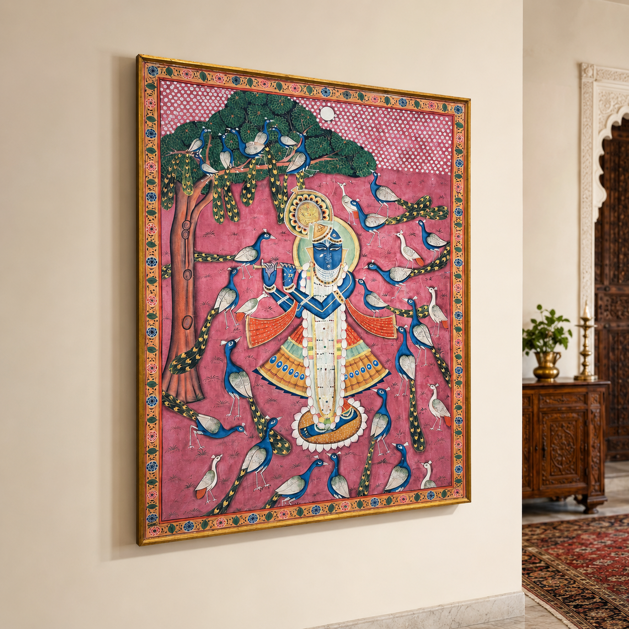 Sri Nath Ji with Peacocks Art Print on Canvas – Brown Frame with Floral Border, 49 × 59.5 In [OBJ260055]