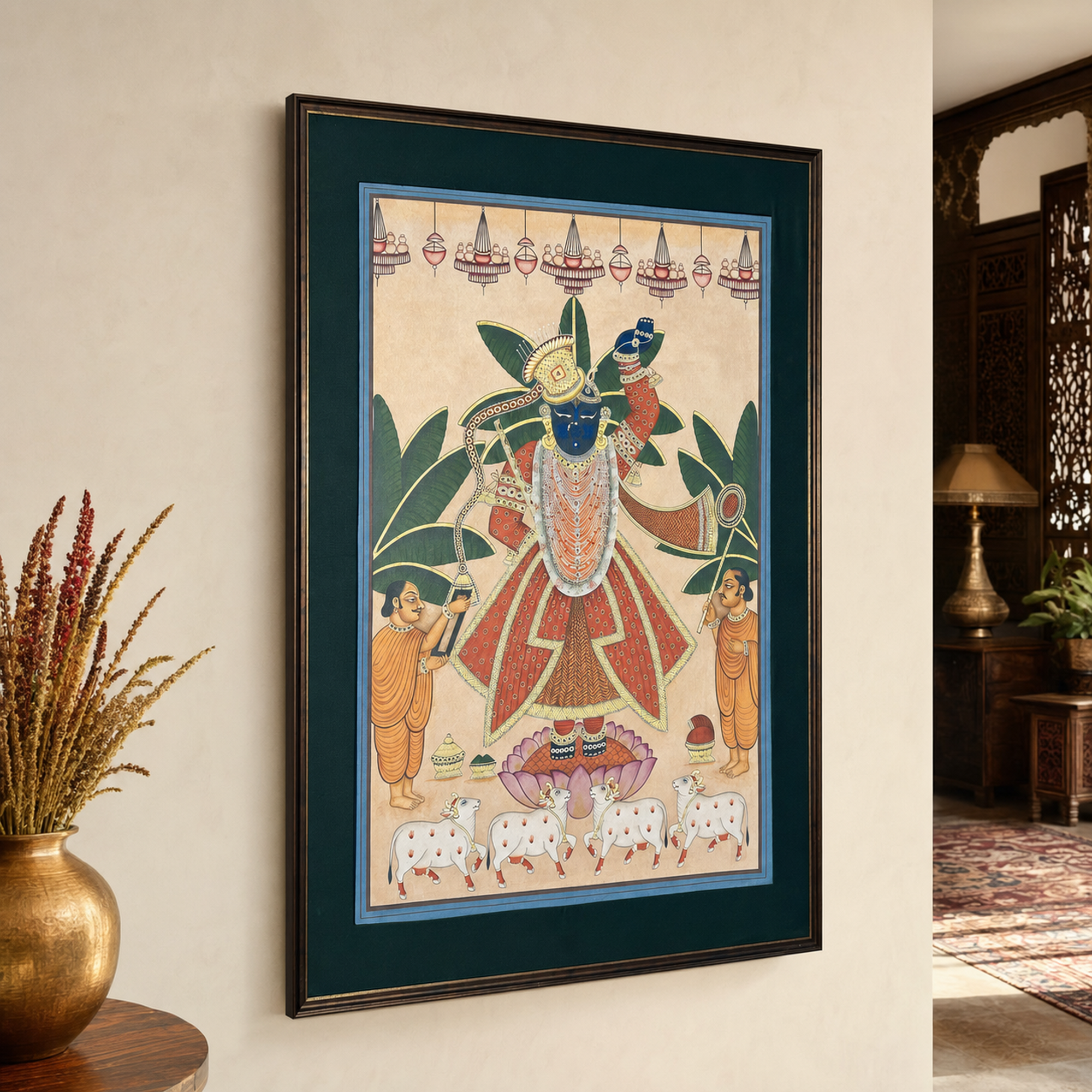 Sri Nath Ji Pichwai Art Print on Canvas – Black Frame with Green Mount, 39 × 57 In [OBJ260054]