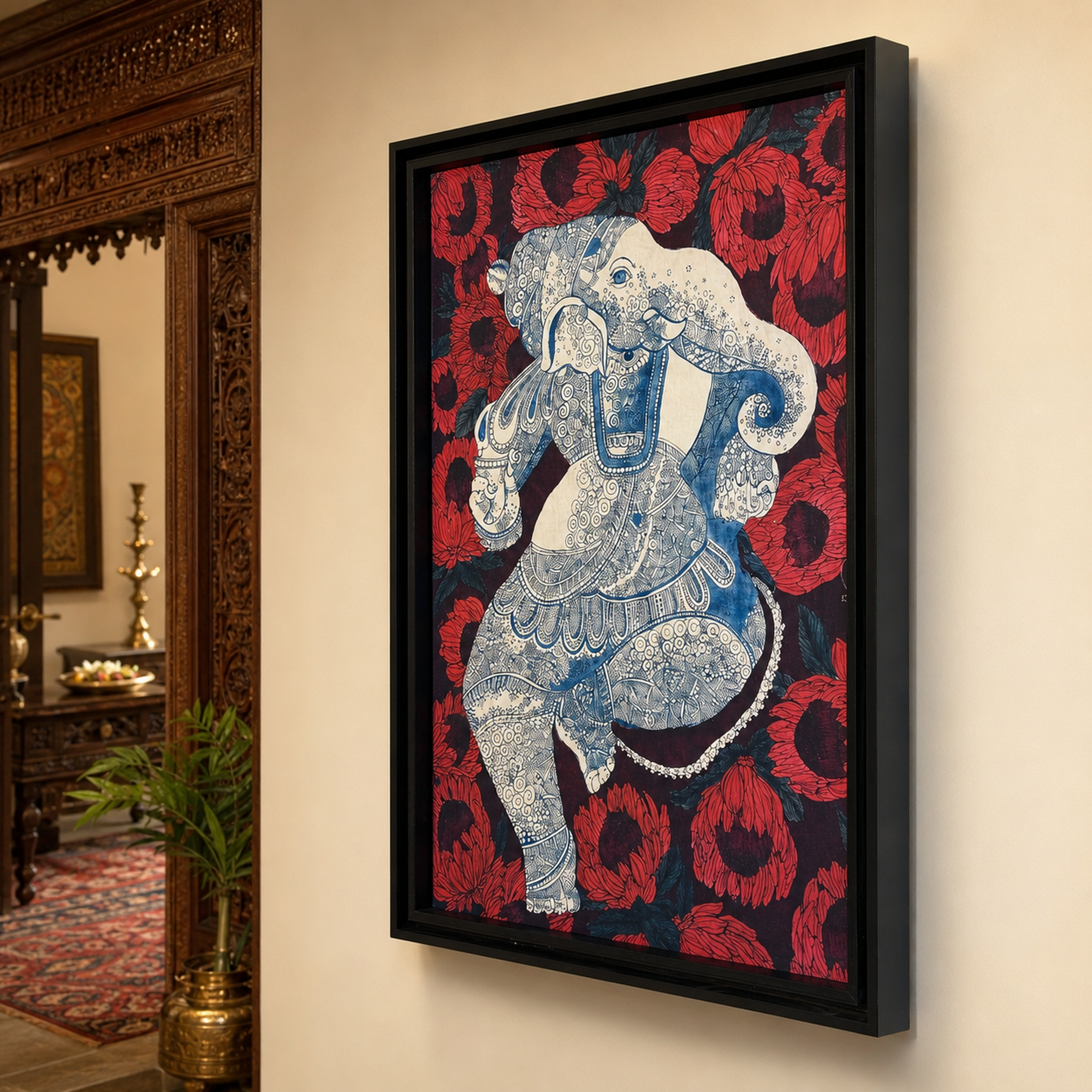 Royal Elephant Kalamkari Art Print on Canvas – Black Box Frame, 34.5 × 51 In [OBJ260058]