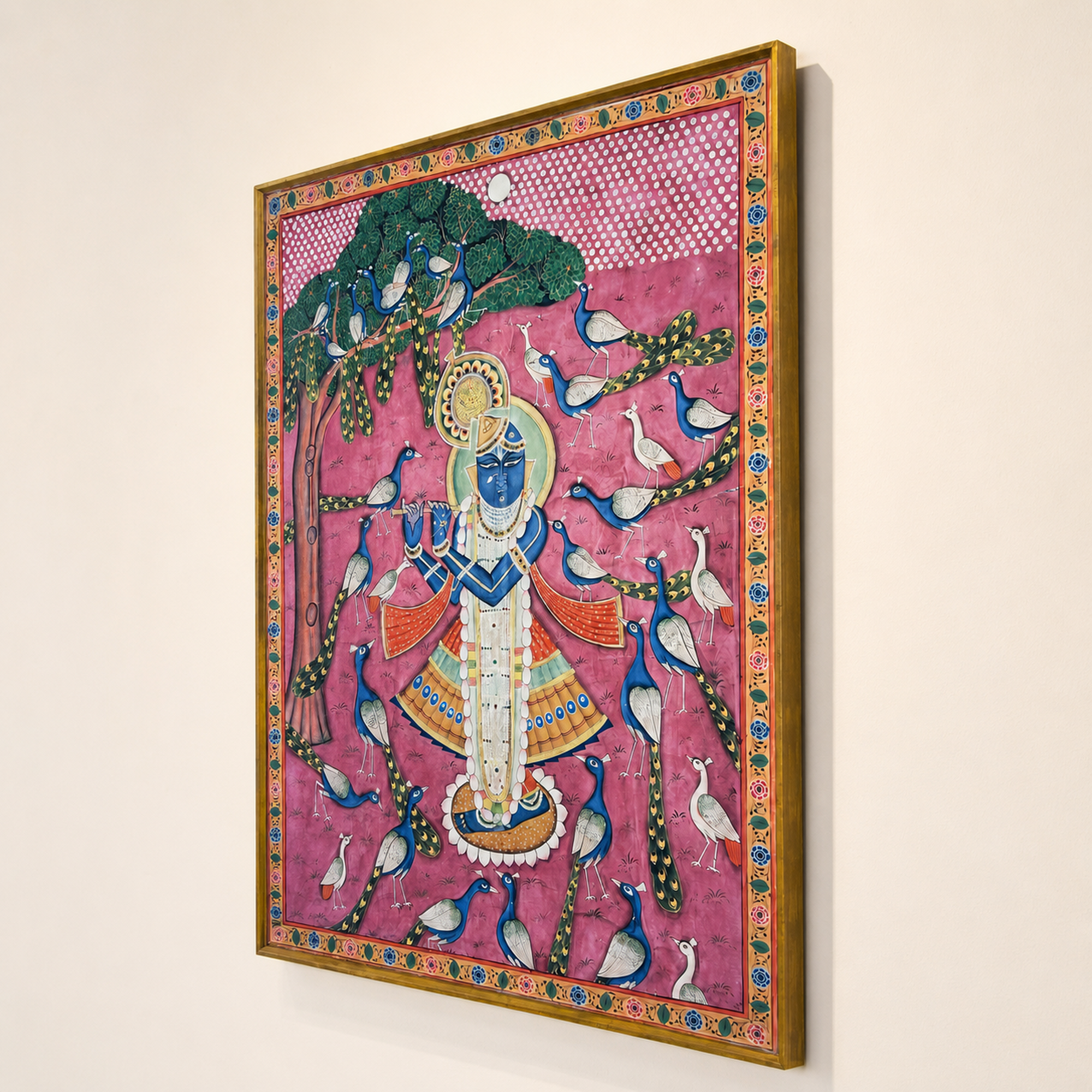 Sri Nath Ji with Peacocks Art Print on Canvas – Brown Frame with Floral Border, 49 × 59.5 In [OBJ260055]