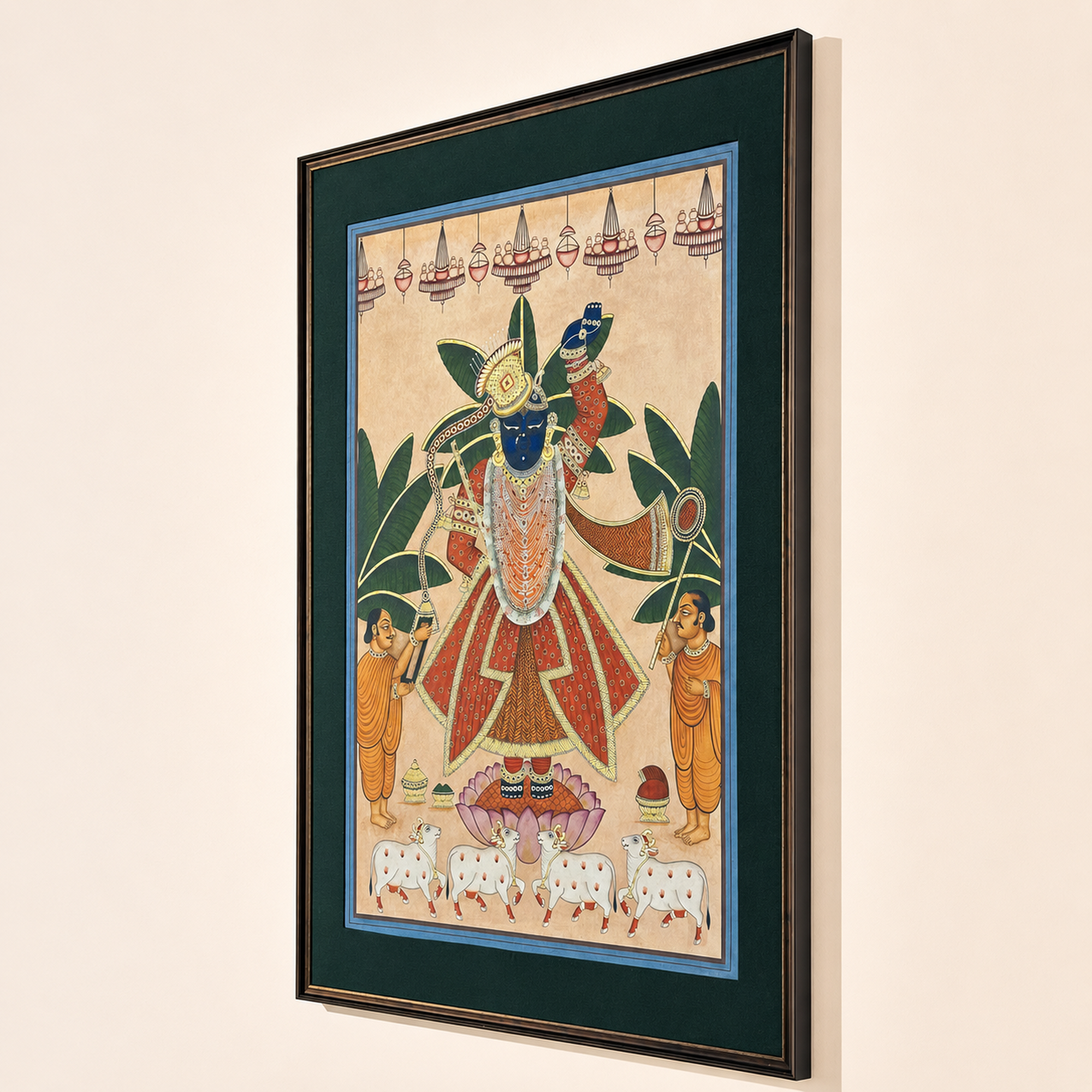 Sri Nath Ji Pichwai Art Print on Canvas – Black Frame with Green Mount, 39 × 57 In [OBJ260054]
