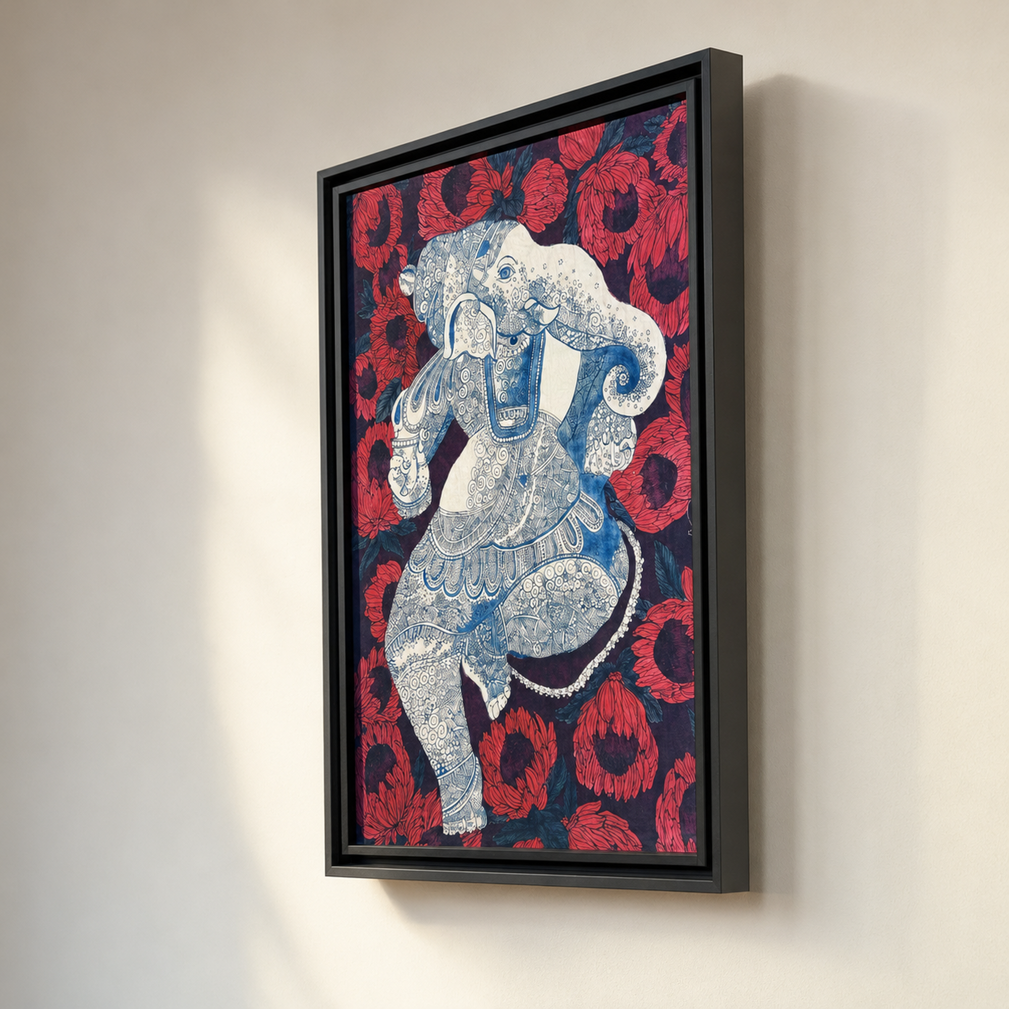 Royal Elephant Kalamkari Art Print on Canvas – Black Box Frame, 34.5 × 51 In [OBJ260058]