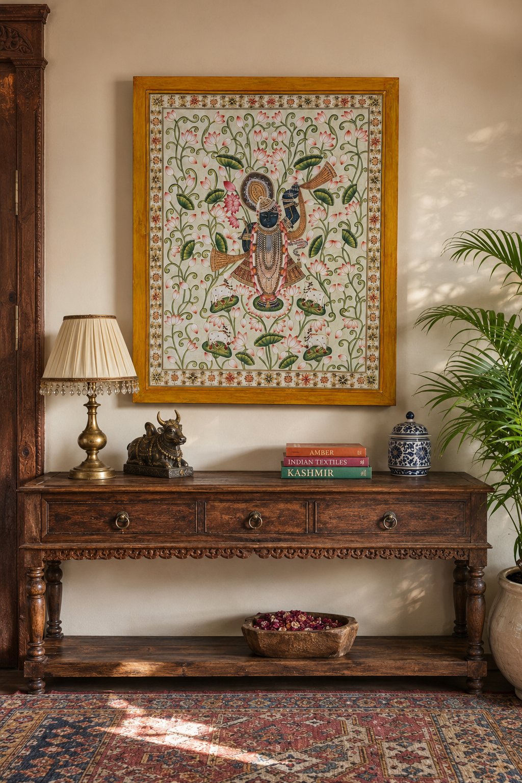 Sri Nath Ji Lotus Garden Art Print on Canvas – Brown Frame with Floral Border, 43 × 52.8 In [OBJ260056]