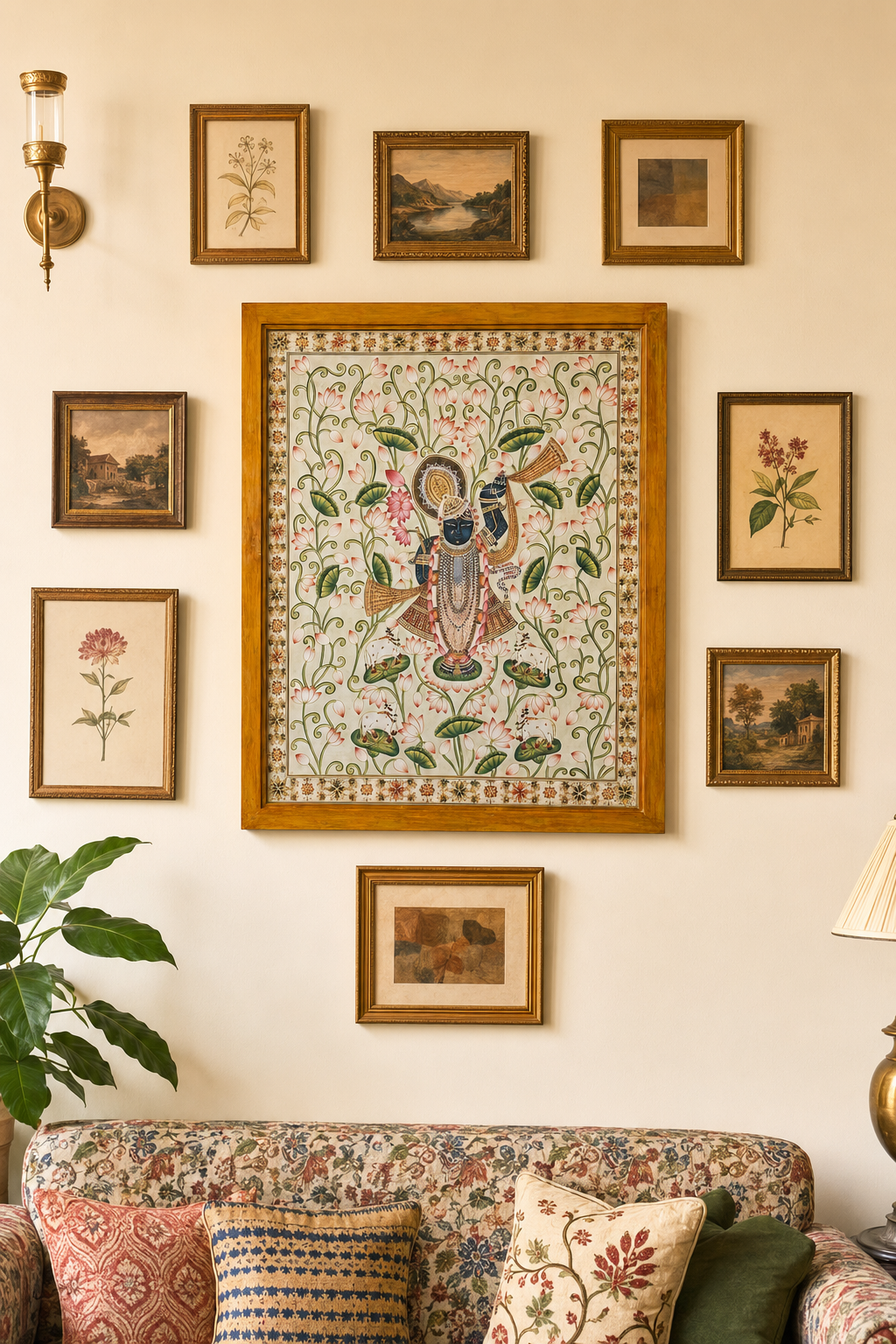Sri Nath Ji Lotus Garden Art Print on Canvas – Brown Frame with Floral Border, 43 × 52.8 In [OBJ260056]