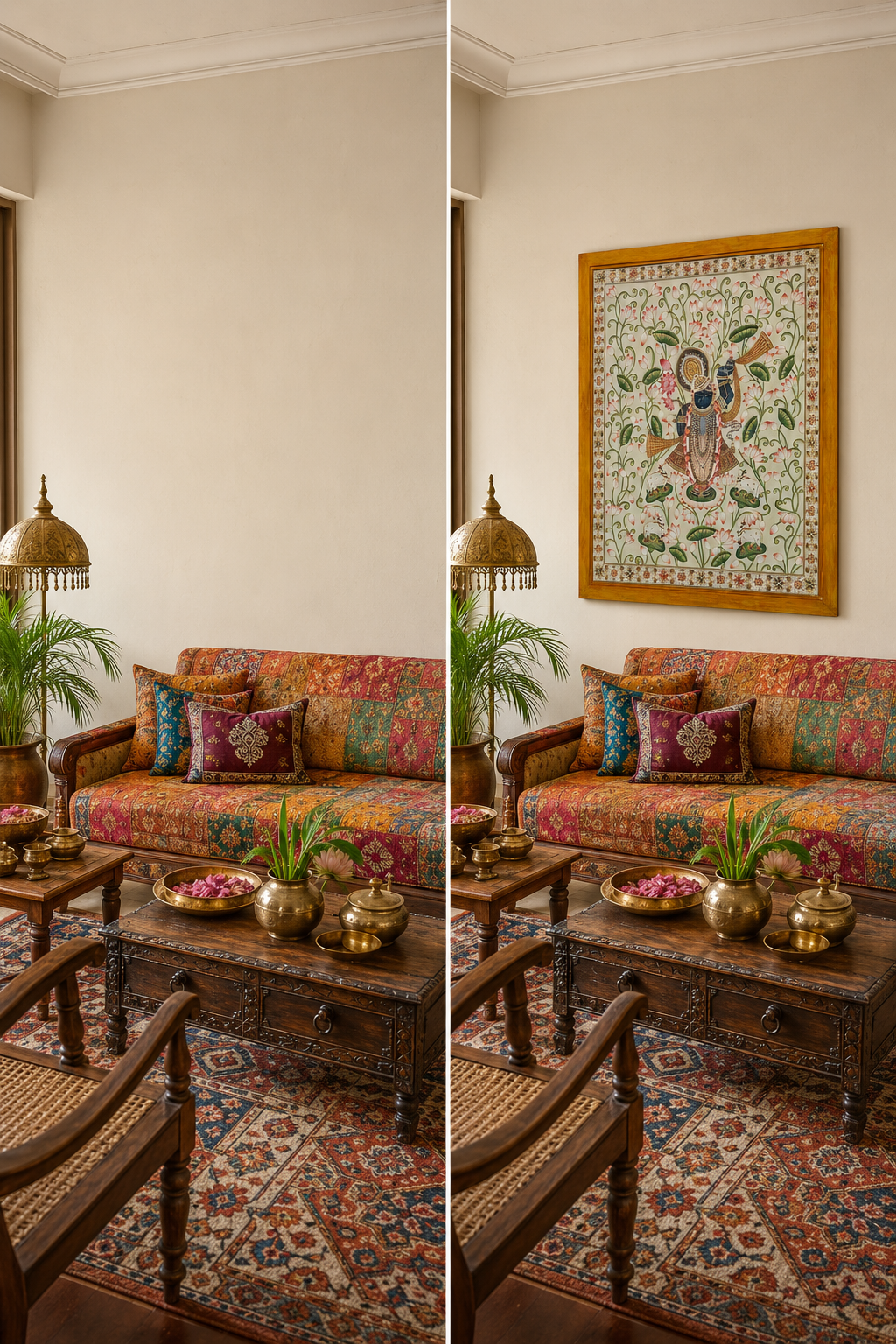 Sri Nath Ji Lotus Garden Art Print on Canvas – Brown Frame with Floral Border, 43 × 52.8 In [OBJ260056]