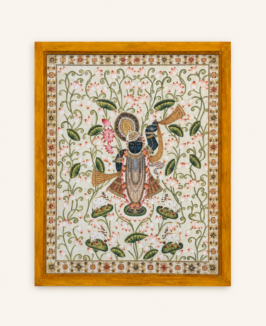 Sri Nath Ji Lotus Garden Art Print on Canvas – Brown Frame with Floral Border, 43 × 52.8 In [OBJ260056]
