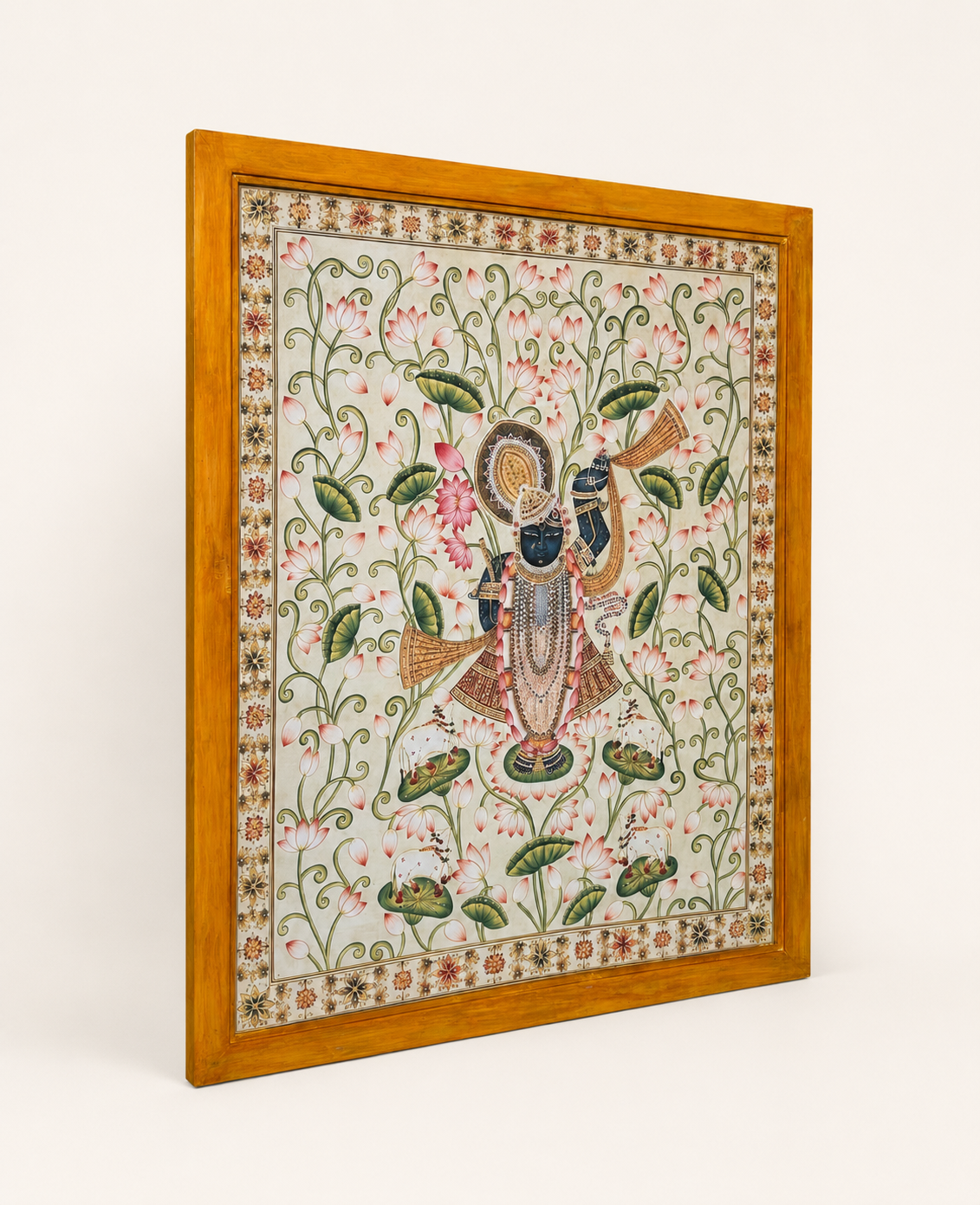 Sri Nath Ji Lotus Garden Art Print on Canvas – Brown Frame with Floral Border, 43 × 52.8 In [OBJ260056]