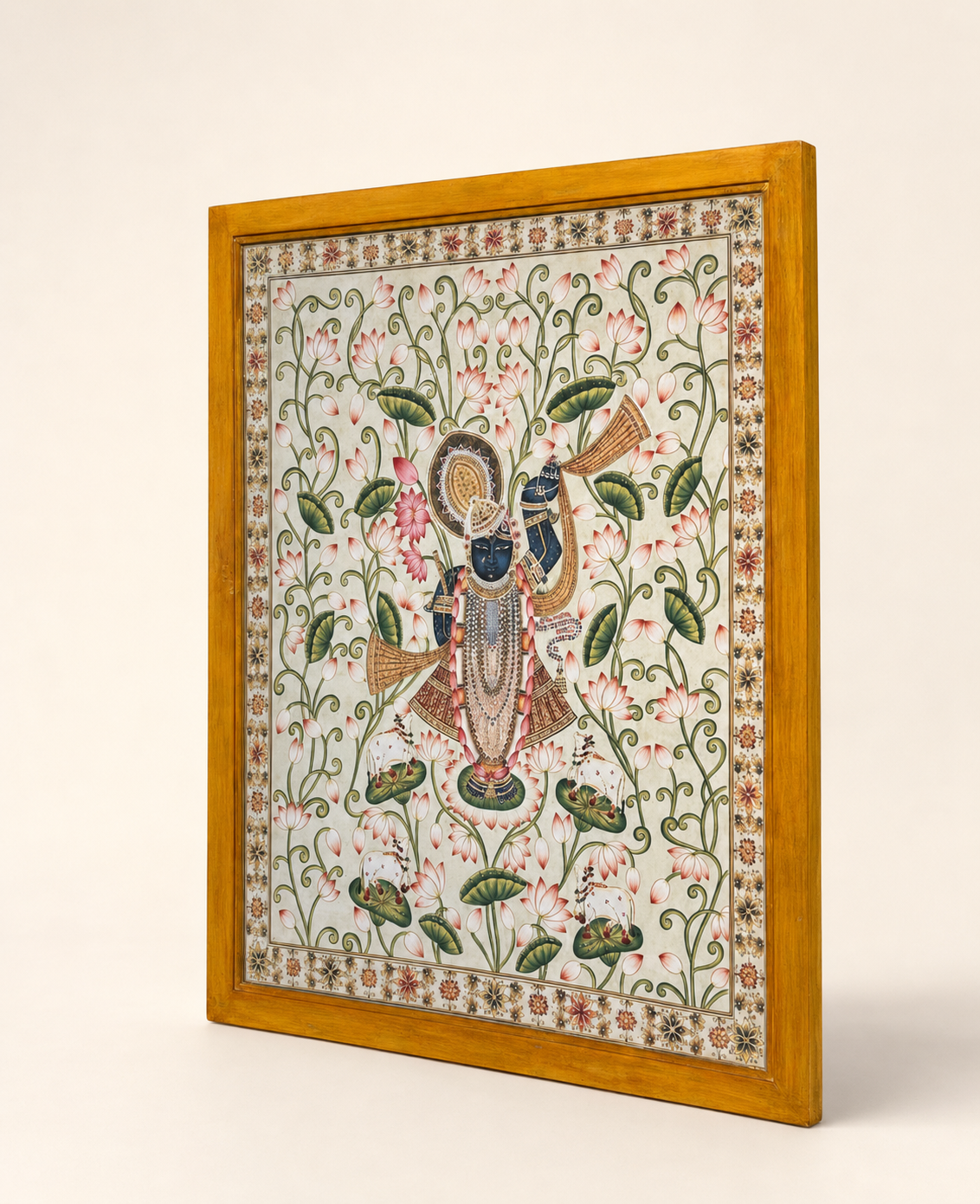 Sri Nath Ji Lotus Garden Art Print on Canvas – Brown Frame with Floral Border, 43 × 52.8 In [OBJ260056]