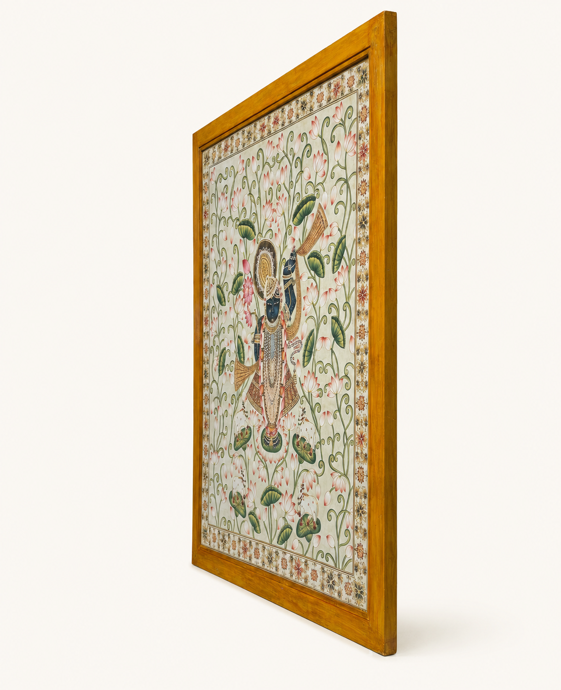 Sri Nath Ji Lotus Garden Art Print on Canvas – Brown Frame with Floral Border, 43 × 52.8 In [OBJ260056]