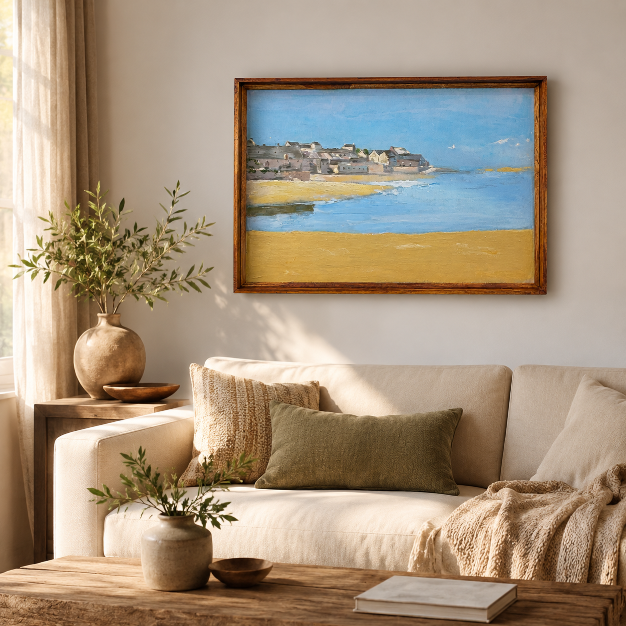 Coastal Landscape Acrylic on Canvas Painting – Thin Teak Wood Frame, 16 × 24