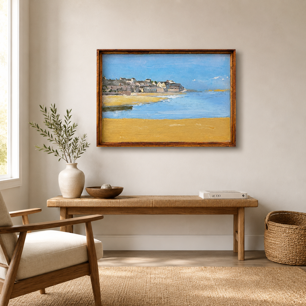 Coastal Landscape Acrylic on Canvas Painting – Thin Teak Wood Frame, 16 × 24