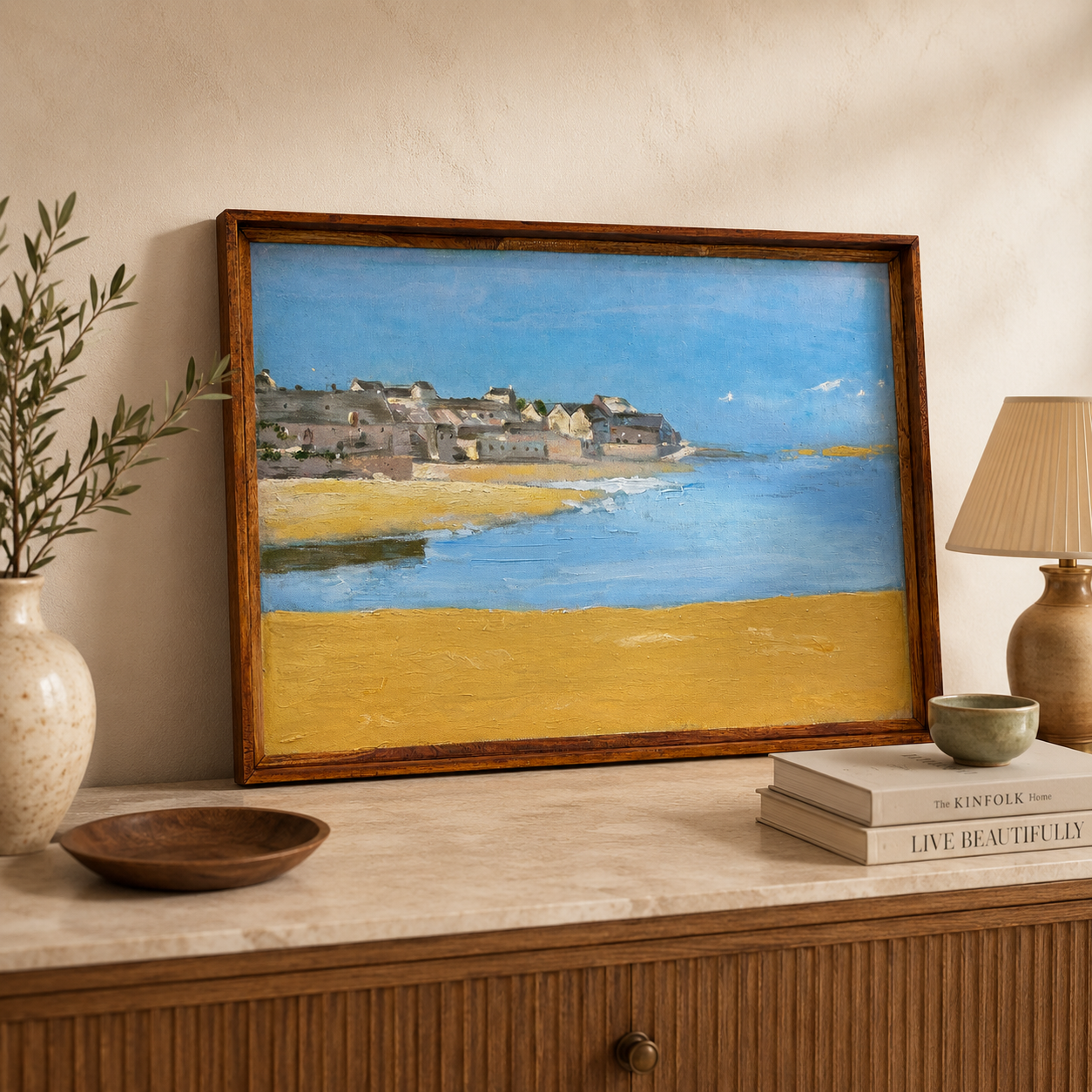 Coastal Landscape Acrylic on Canvas Painting – Thin Teak Wood Frame, 16 × 24