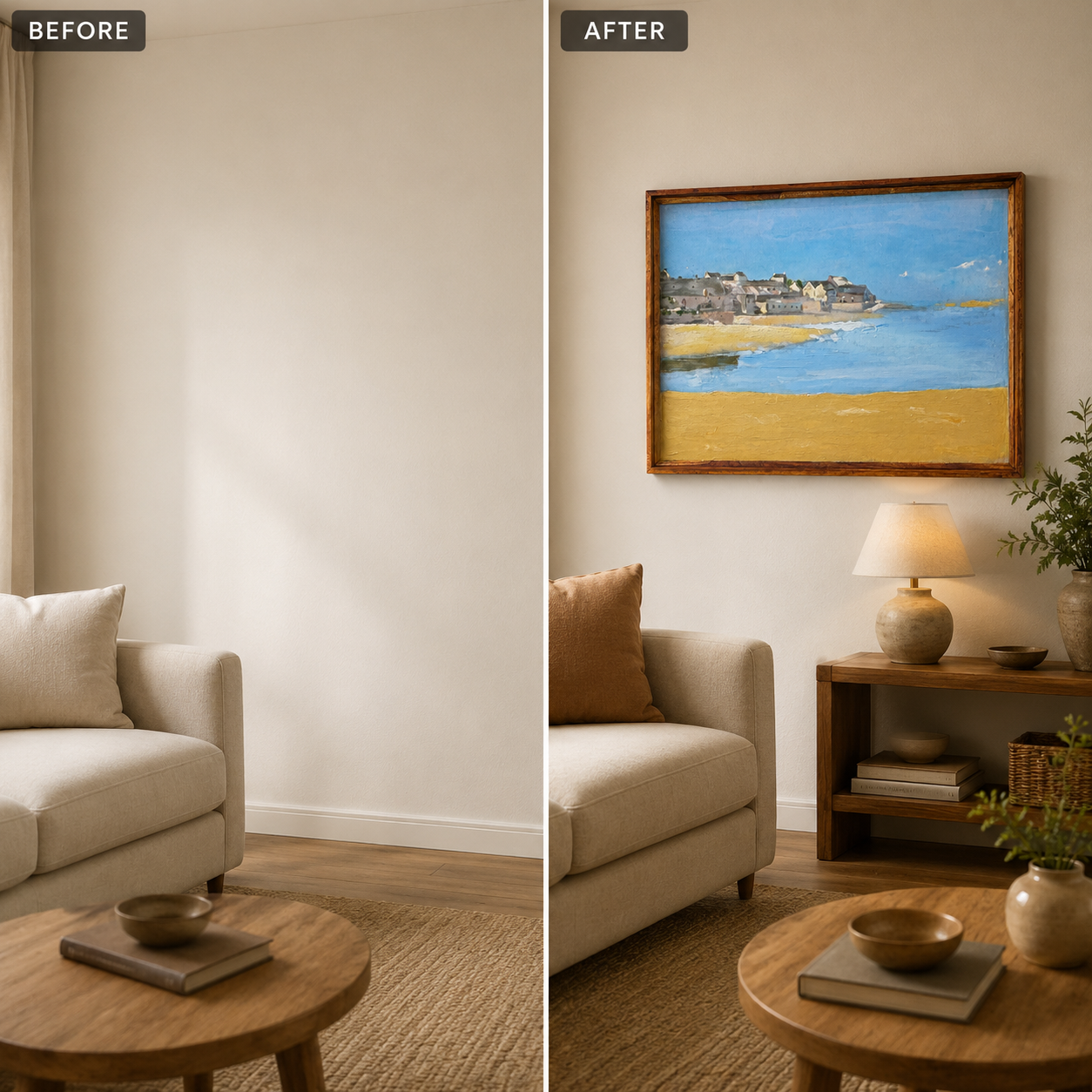 Coastal Landscape Acrylic on Canvas Painting – Thin Teak Wood Frame, 16 × 24