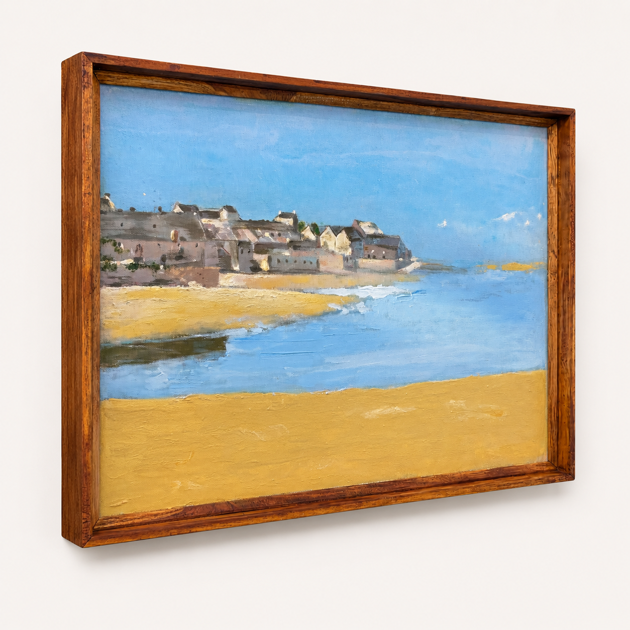 Coastal Landscape Acrylic on Canvas Painting – Thin Teak Wood Frame, 16 × 24