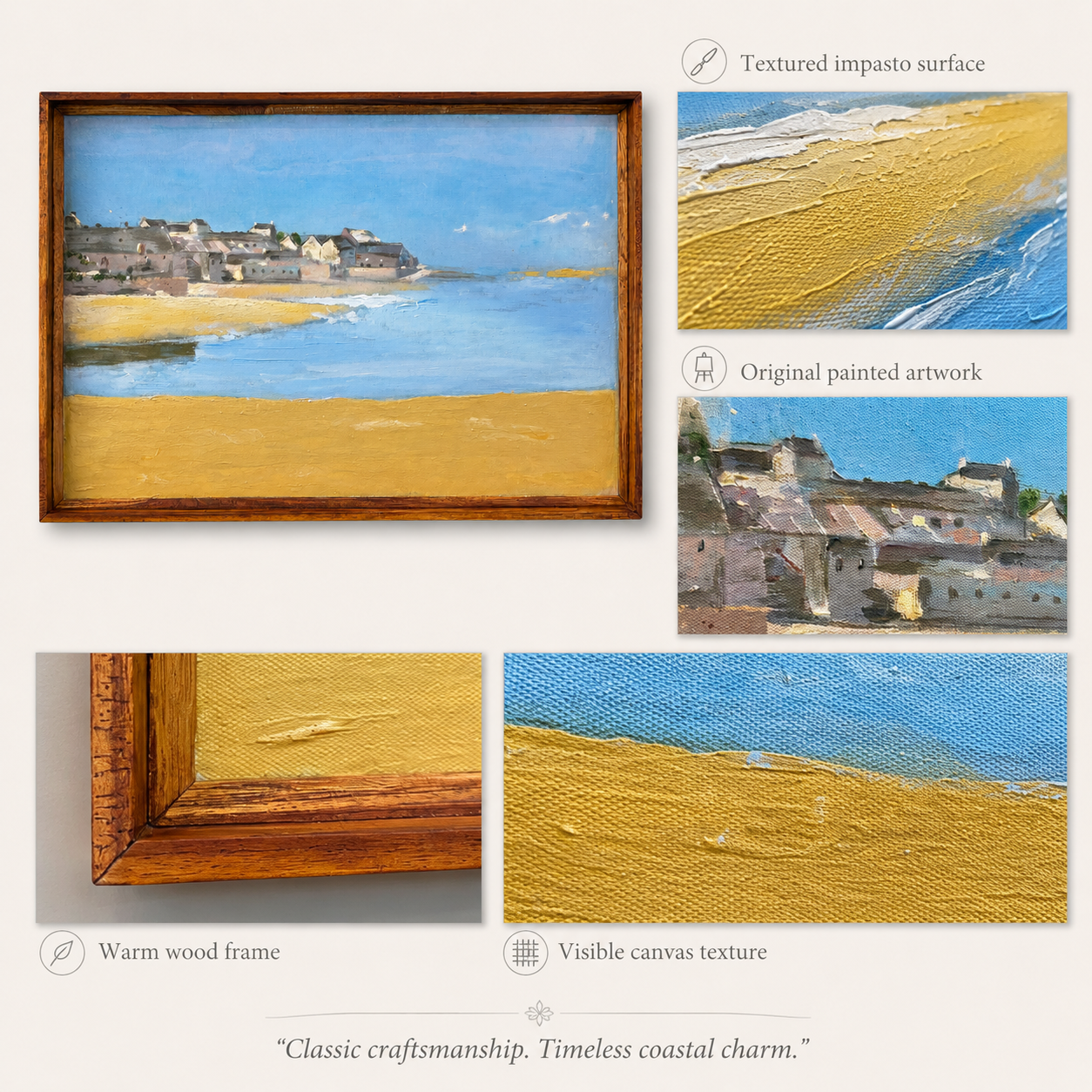Coastal Landscape Acrylic on Canvas Painting – Thin Teak Wood Frame, 16 × 24