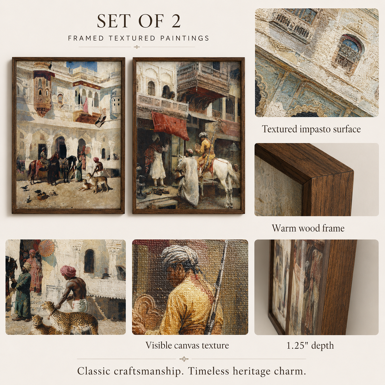 Oriental Art Print on Canvas Teak Wood Thin-Profile Frame 18 x 24 In (Set of 2)