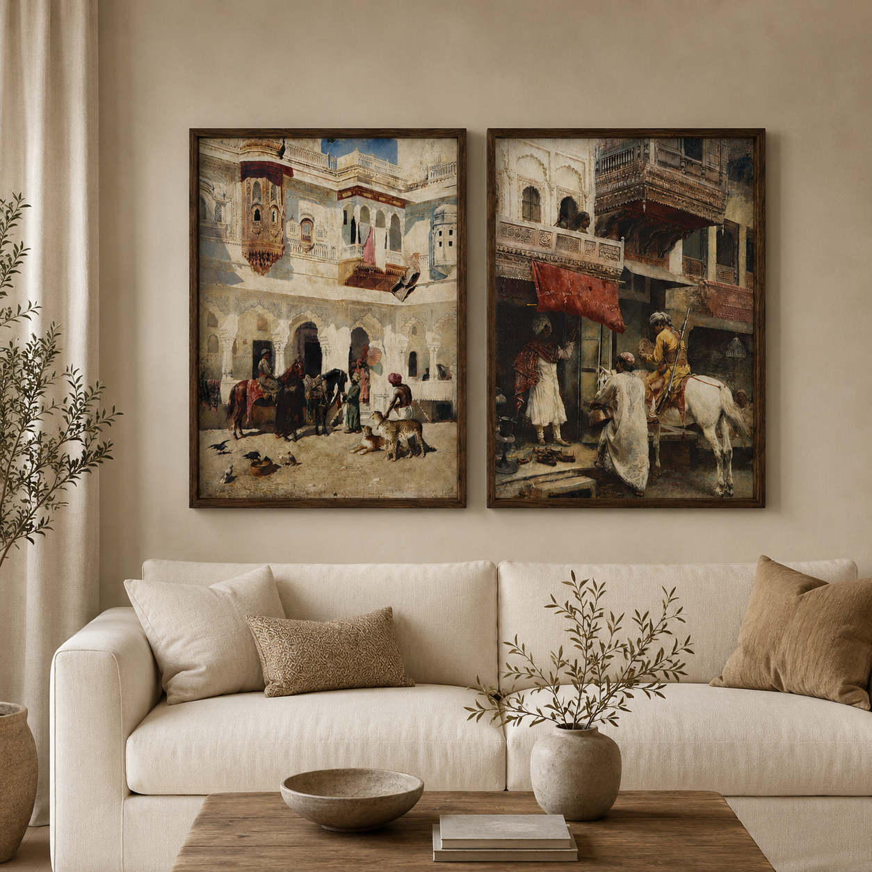 Oriental Art Print on Canvas Teak Wood Thin-Profile Frame 18 x 24 In (Set of 2)