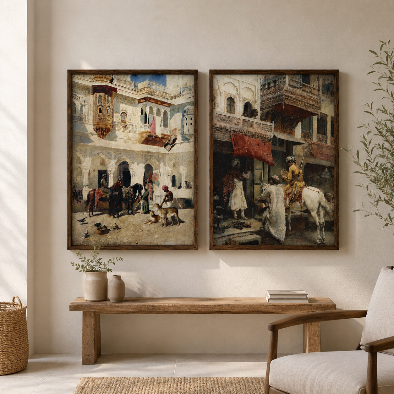 Oriental Art Print on Canvas Teak Wood Thin-Profile Frame 18 x 24 In (Set of 2)