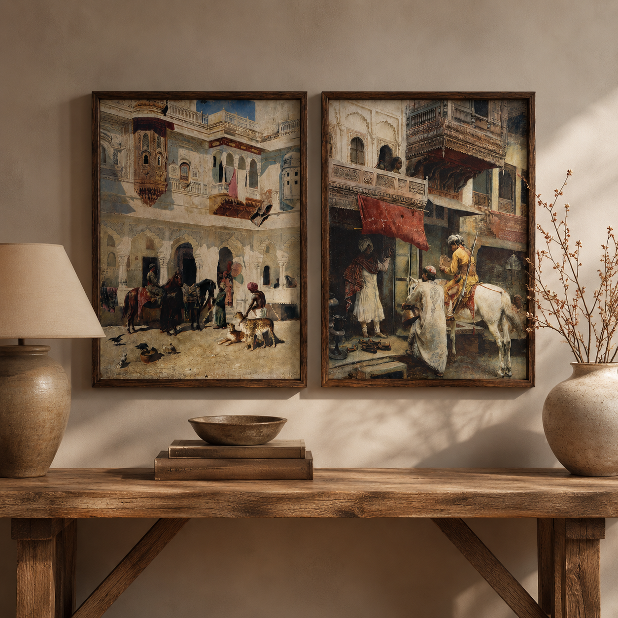 Oriental Art Print on Canvas Teak Wood Thin-Profile Frame 18 x 24 In (Set of 2)