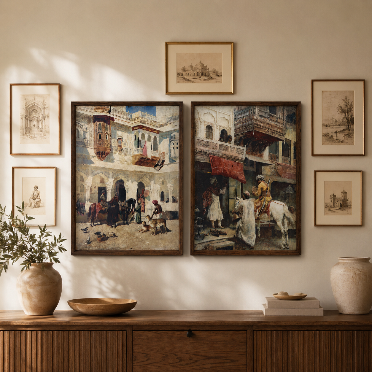 Oriental Art Print on Canvas Teak Wood Thin-Profile Frame 18 x 24 In (Set of 2)
