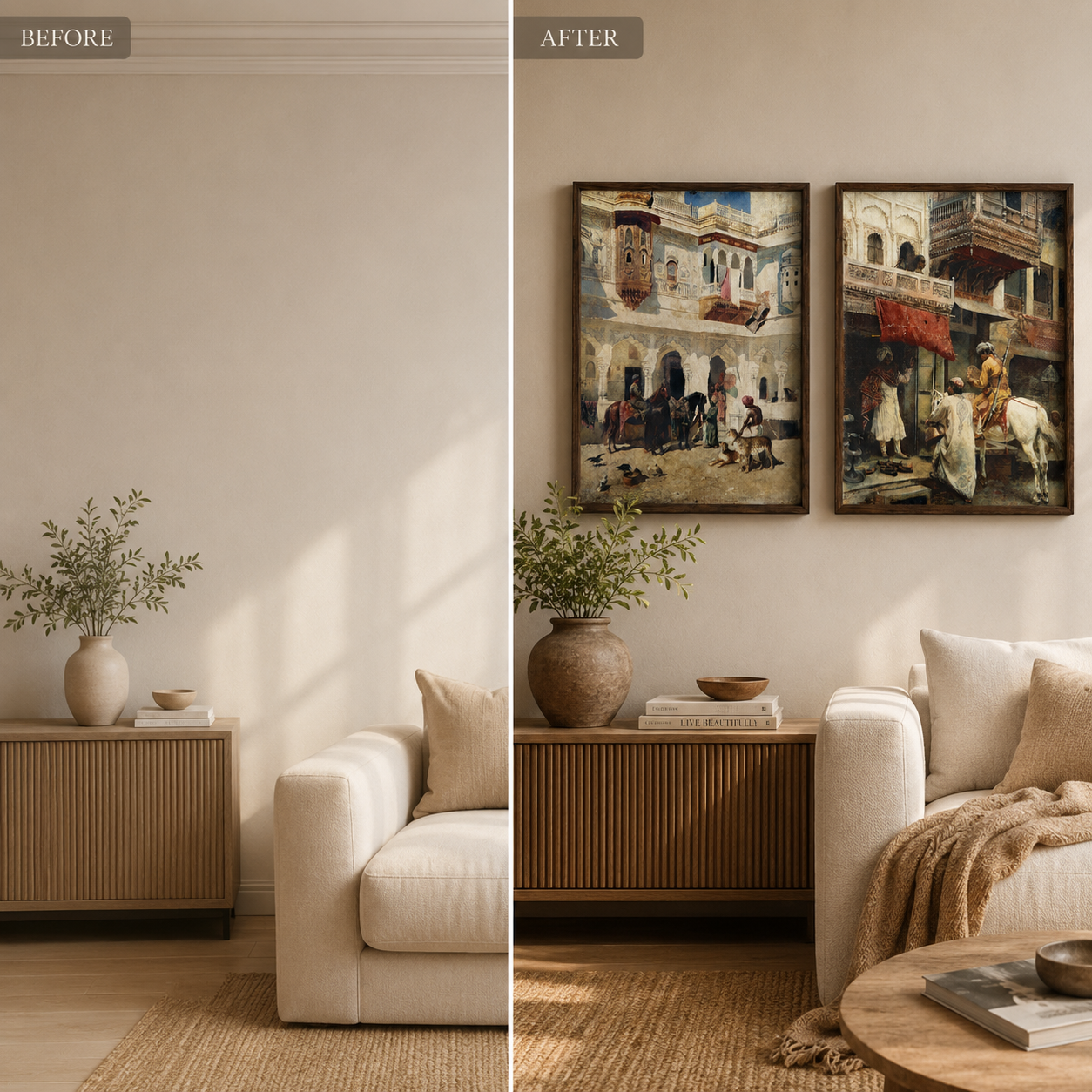 Oriental Art Print on Canvas Teak Wood Thin-Profile Frame 18 x 24 In (Set of 2)