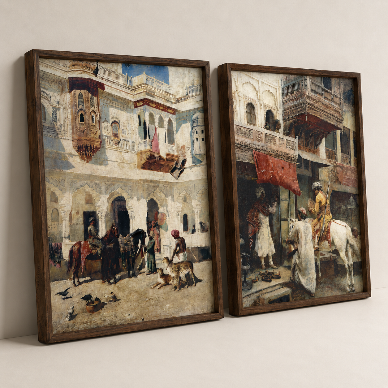 Oriental Art Print on Canvas Teak Wood Thin-Profile Frame 18 x 24 In (Set of 2)