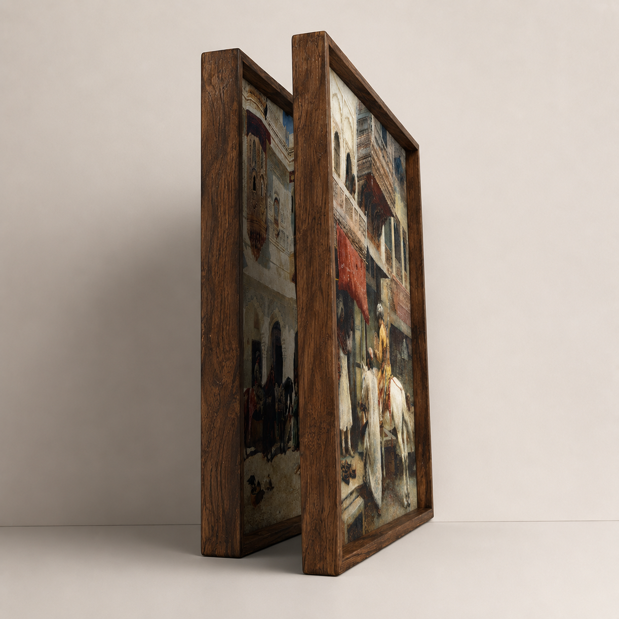 Oriental Art Print on Canvas Teak Wood Thin-Profile Frame 18 x 24 In (Set of 2)
