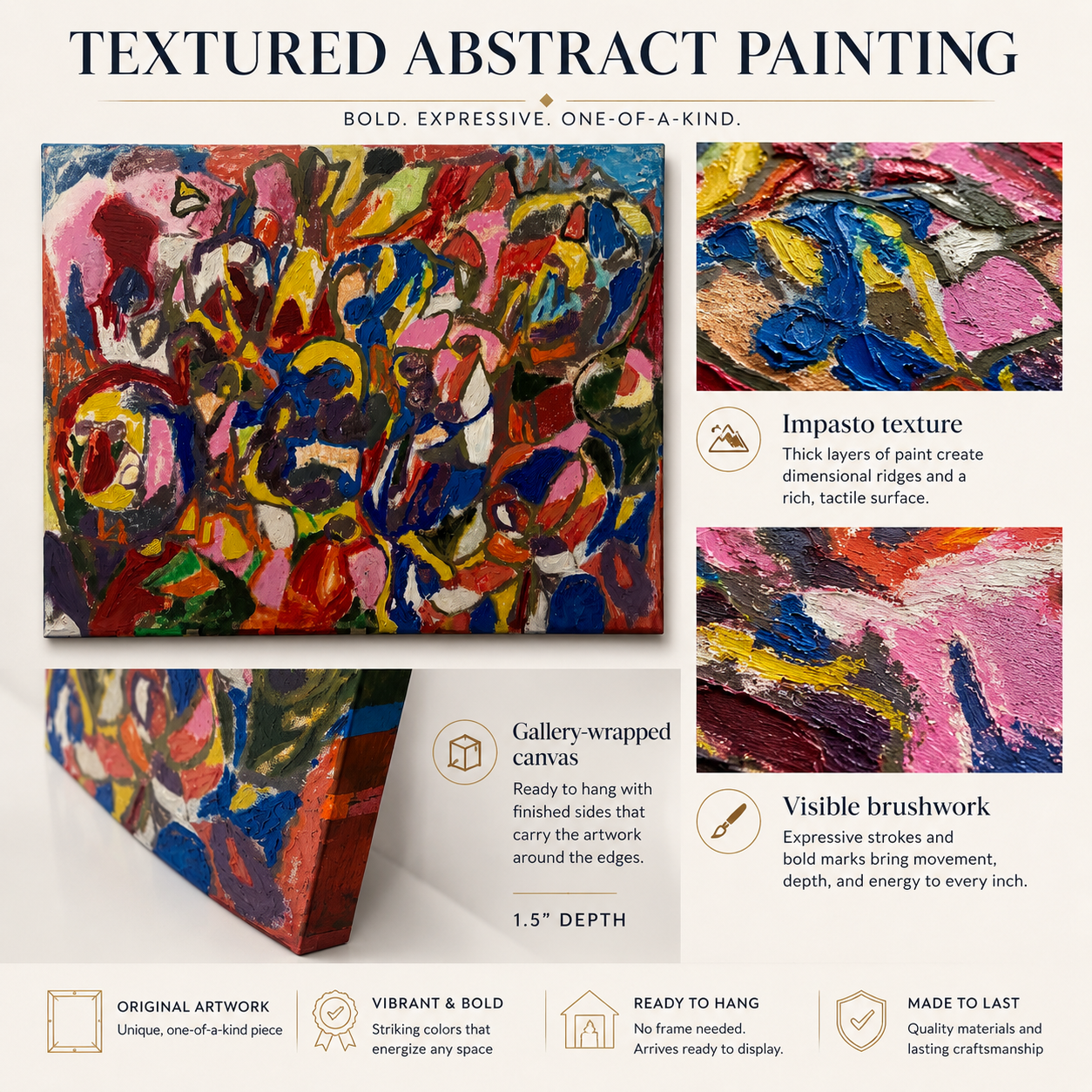 Abstract Textured Acrylic on Canvas Painting - Gallery Wrapped) 48 x 36 In