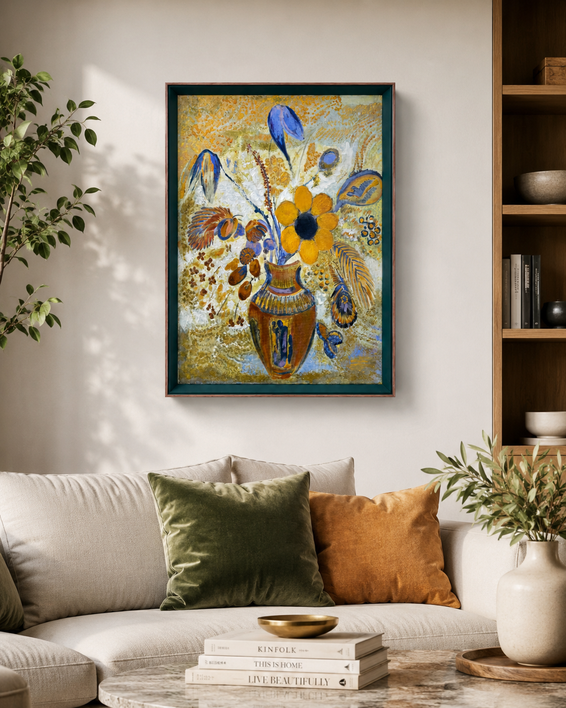 Botanical Acrylic on Canvas Painting – Green & Teak Frame, 16 × 24 in