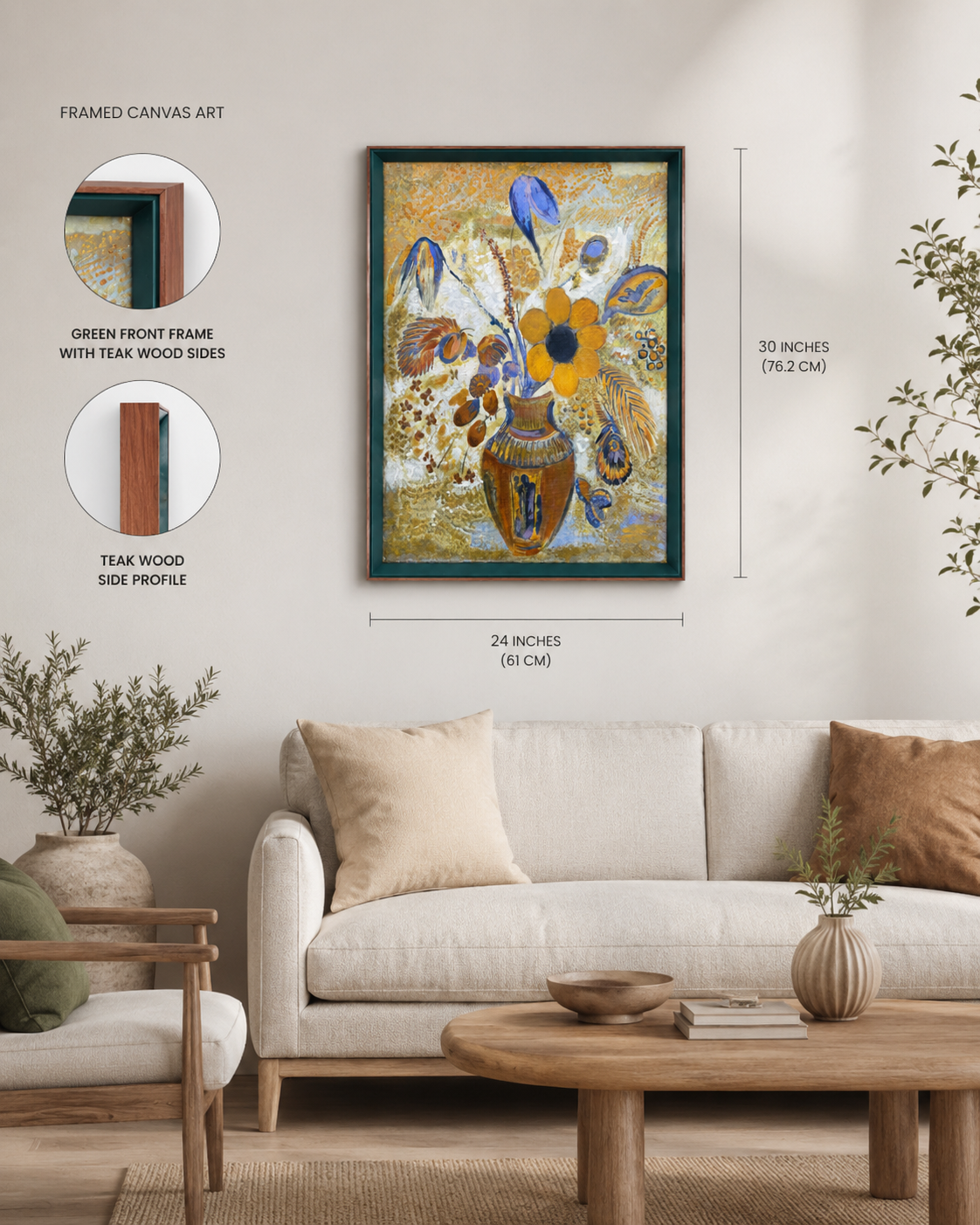 Botanical Acrylic on Canvas Painting – Green & Teak Frame, 16 × 24 in