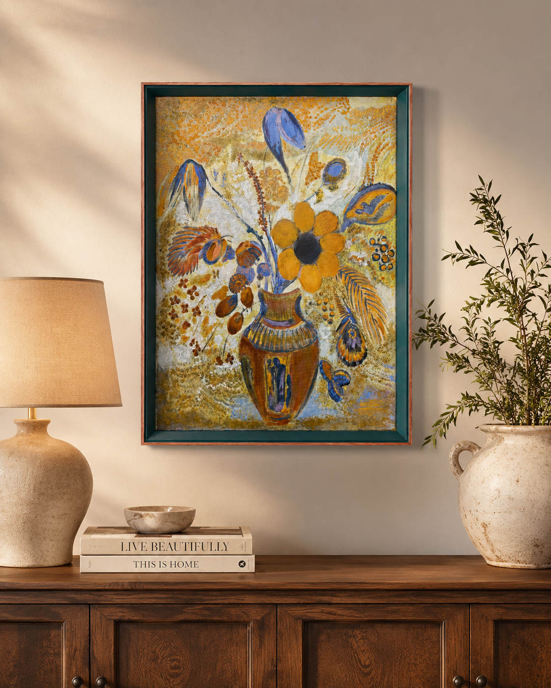Botanical Acrylic on Canvas Painting – Green & Teak Frame, 16 × 24 in