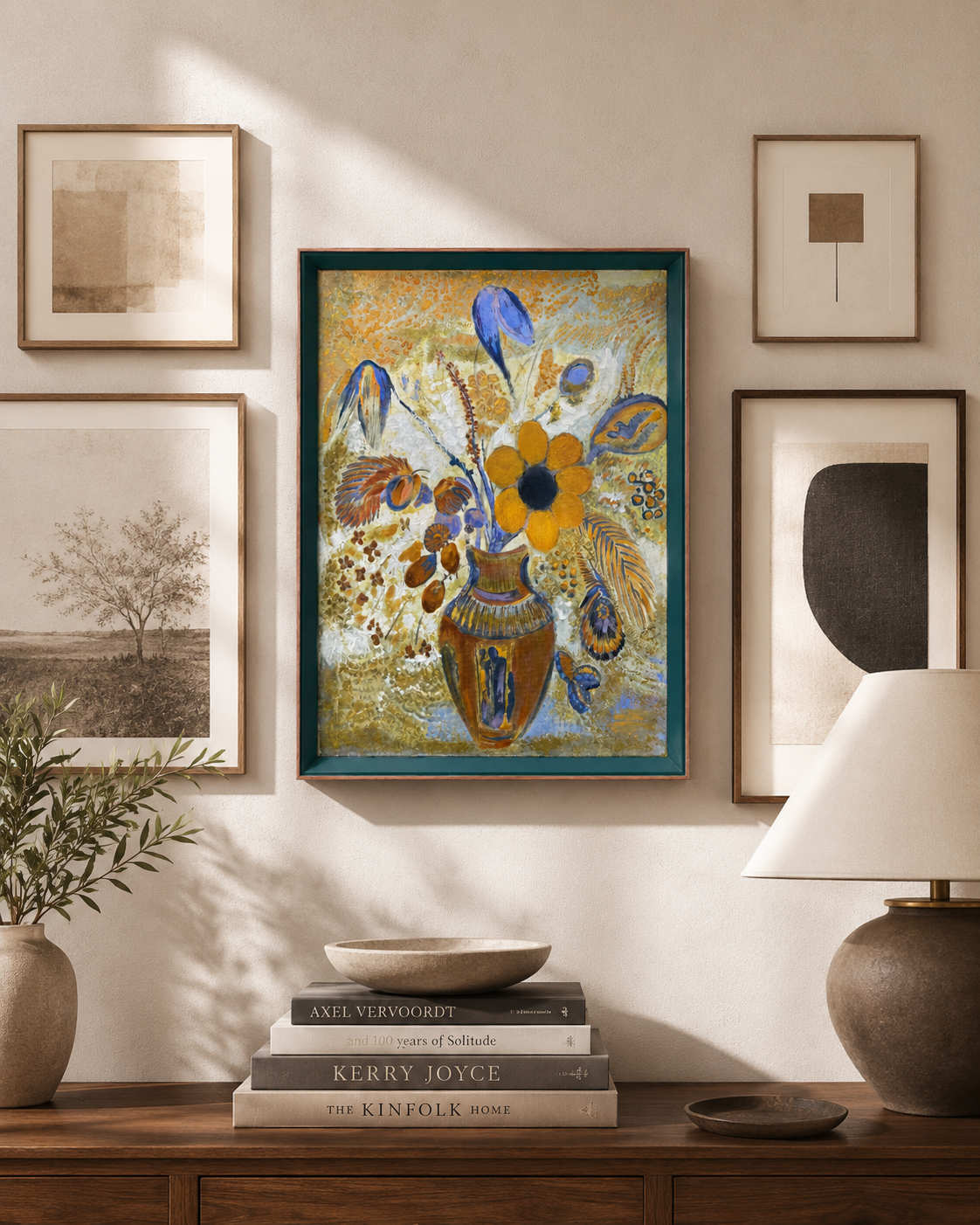 Botanical Acrylic on Canvas Painting – Green & Teak Frame, 16 × 24 in