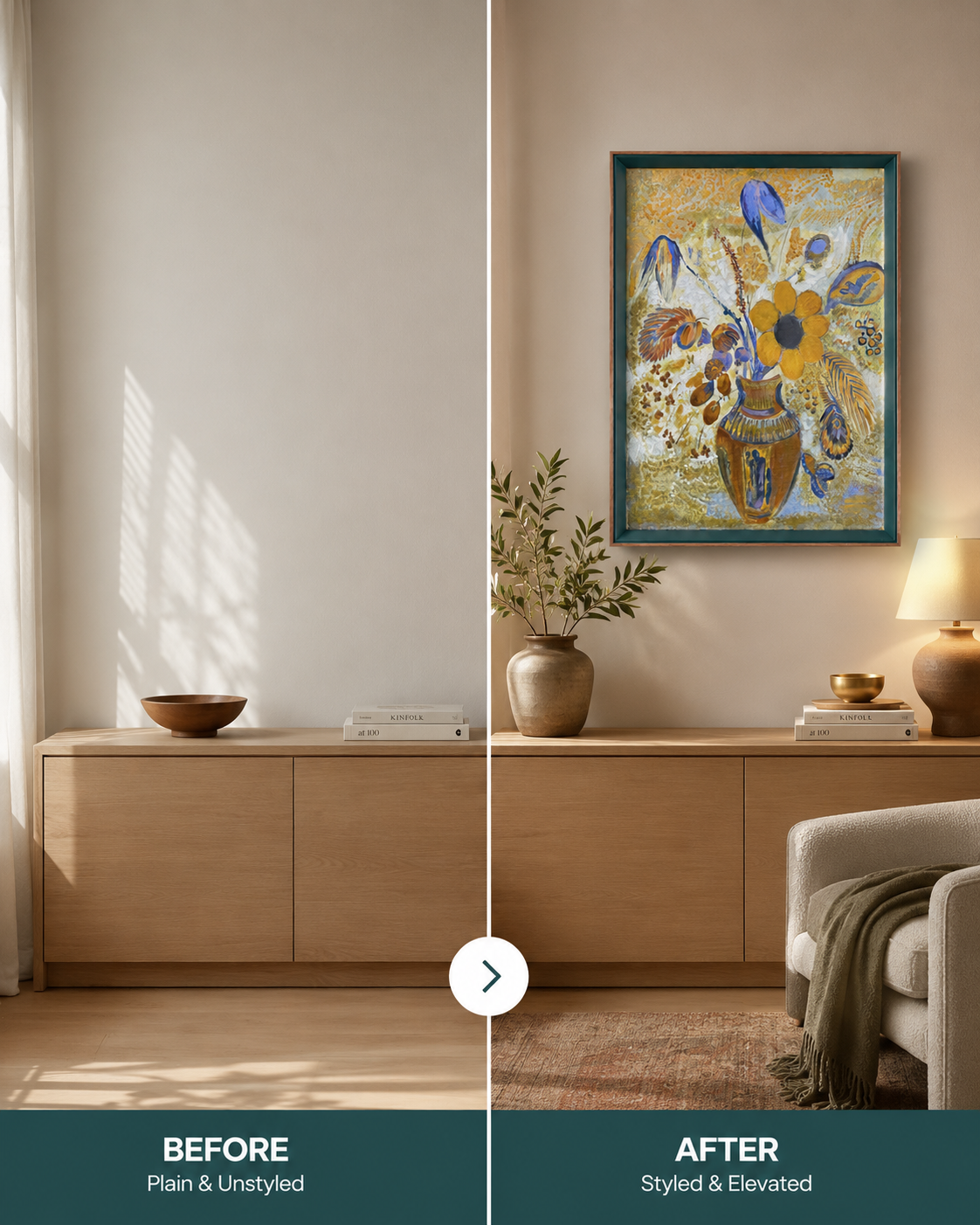 Botanical Acrylic on Canvas Painting – Green & Teak Frame, 16 × 24 in