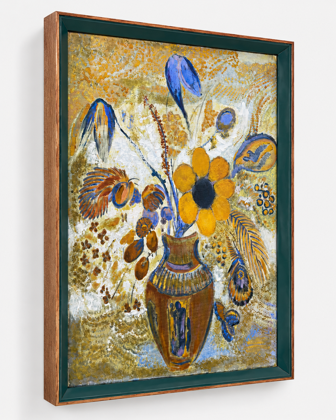 Botanical Acrylic on Canvas Painting – Green & Teak Frame, 16 × 24 in